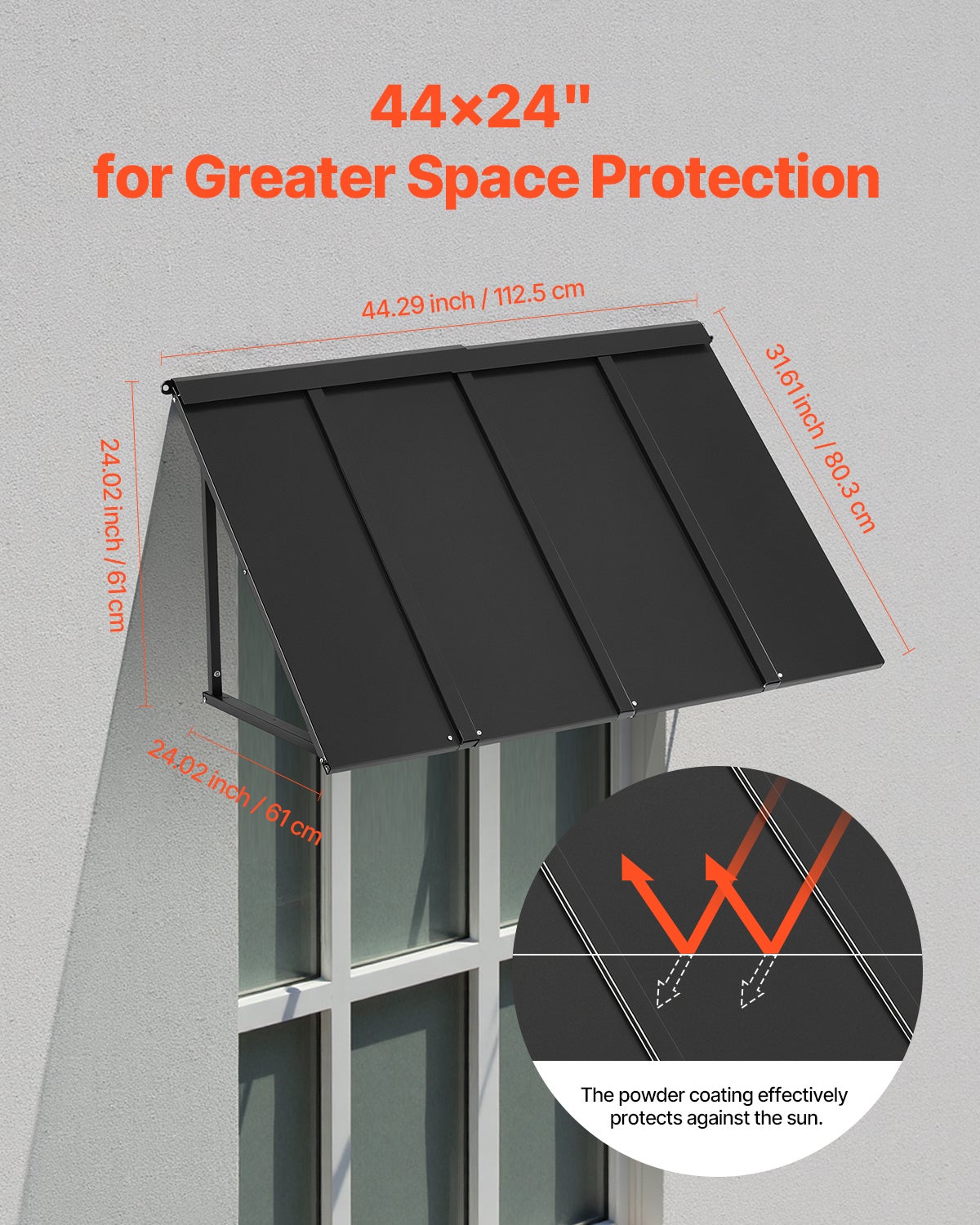 Toldos de Porta VEVOR 112,5x61 cm,marquise externa em metal,estrutura de aço,abrigo contra chuva,neve,sol,toldo para portas,janelas,varandas - 4