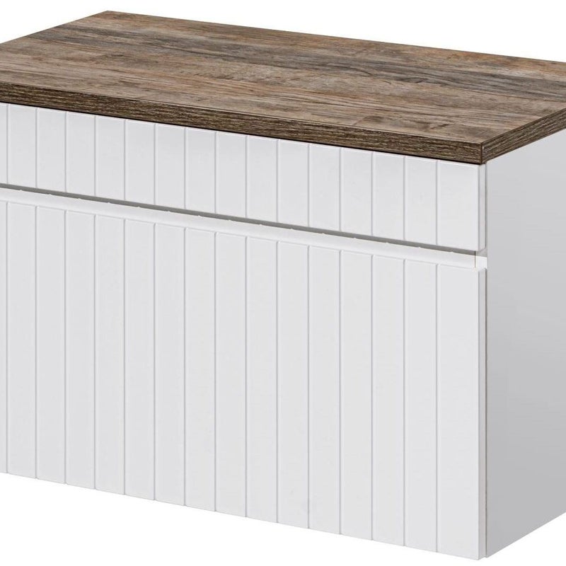 Szafka łazienkowa ICONIC White 80 cm z blatem dąb frezowany front szuflada