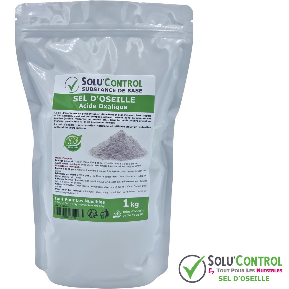 SOLU'CONTROL - Sel d’Oseille 1 kg - Acide Oxalique 100% Naturel - Blanchir, Détacher, Rénover et Désoxyder - 3