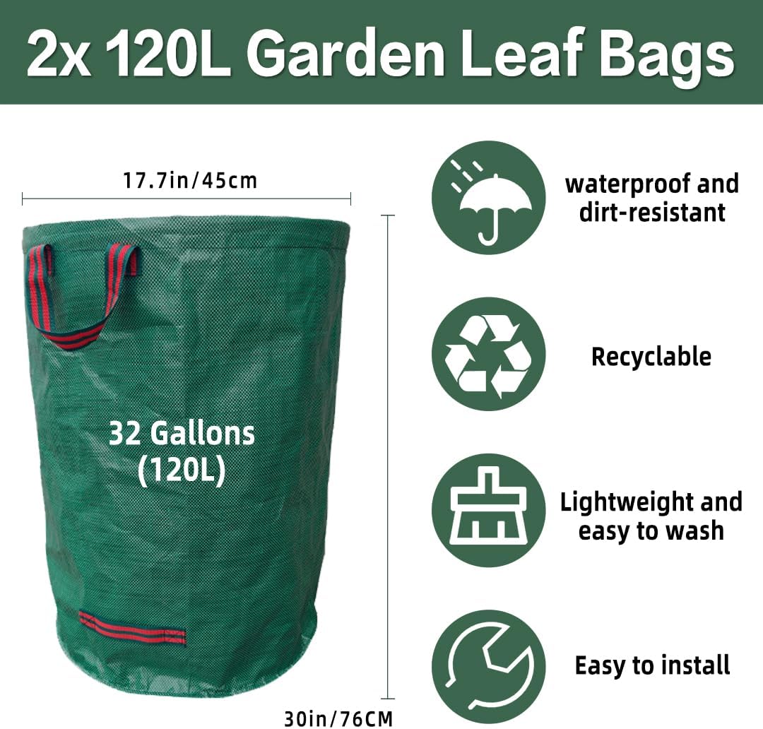 2x120L Sac à Déchets Verts de Jardin Réutilisable avec Poignée - Résistant, Indéchirable, pour Végétaux, Feuilles, Pelouse Coupée,Ultra Load Bearing - 2