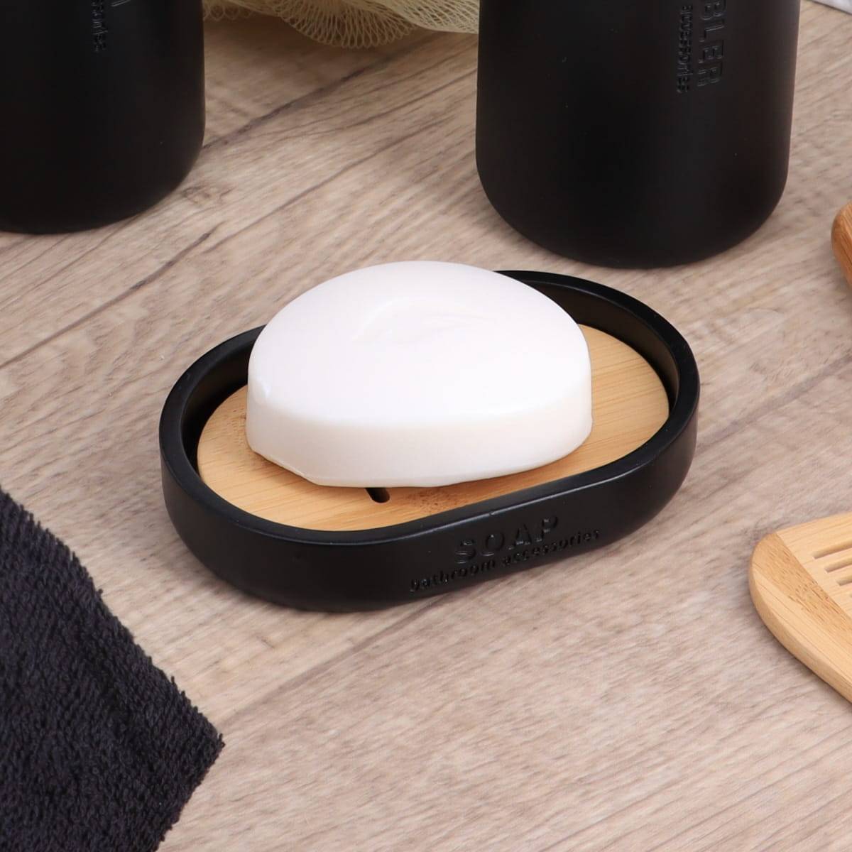 Porte savon polyresine - noir mat/bambou - Tendance - 2