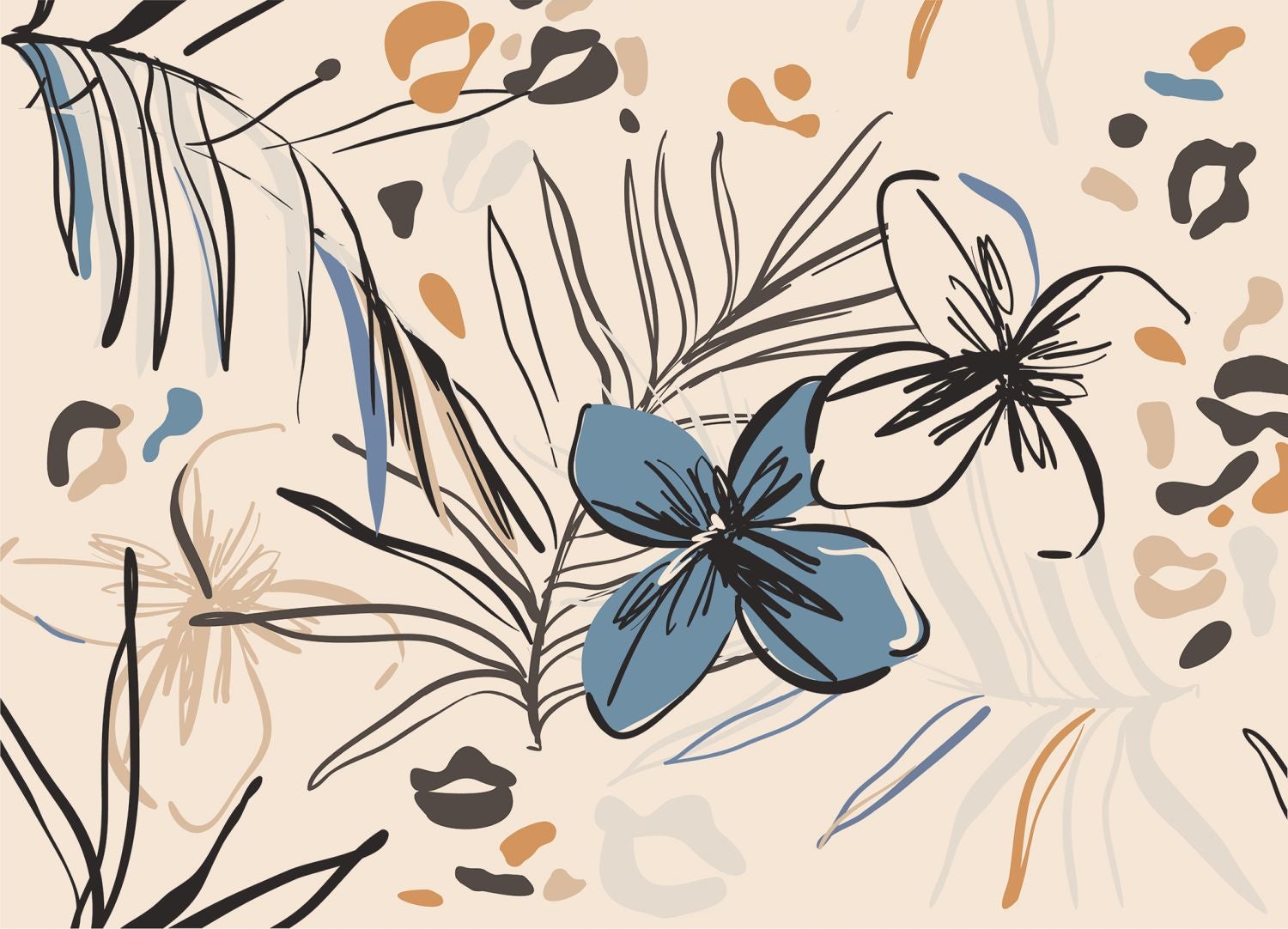 Fotomural diseño floral beige, azul y naranja - 270 x 375 cm - sanders & sanders