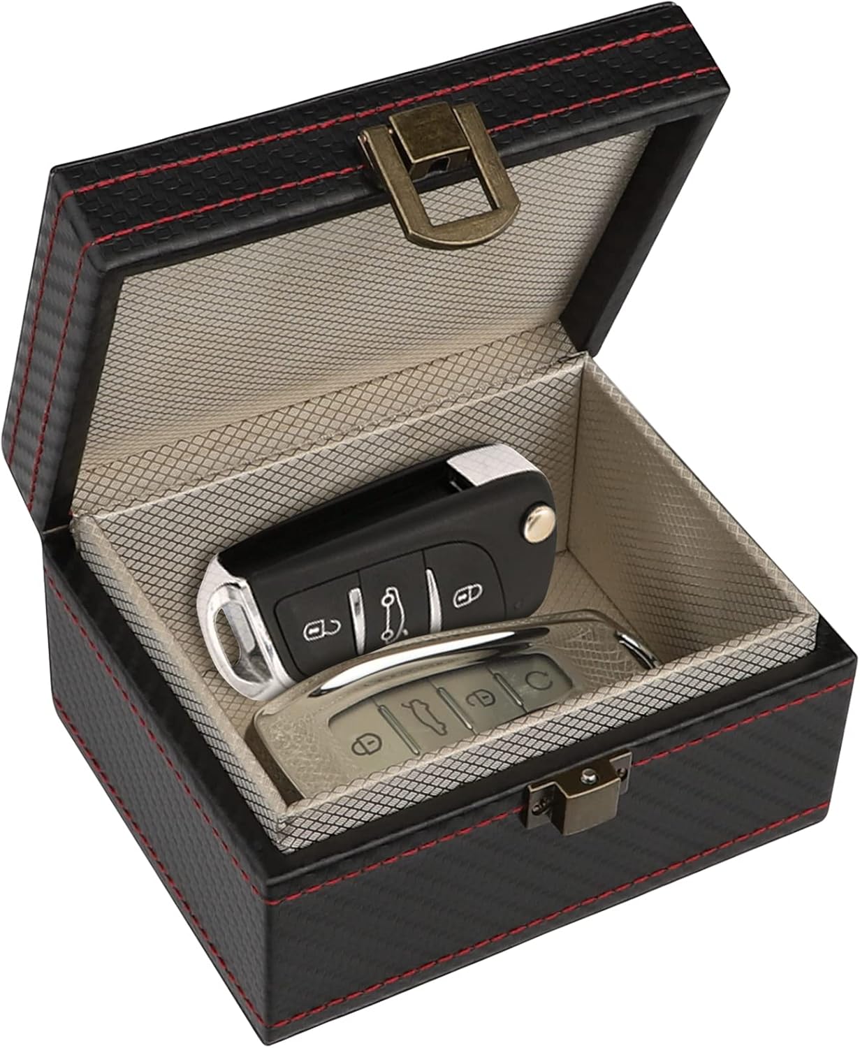 Faraday Box In Pelle E Fibra Di Carbonio - Blocca Segnale Per Chiavi Auto, Carte RFID E Telefono - Antifurto (Piccola: 11,5x9,5x6,5 Cm) - 2