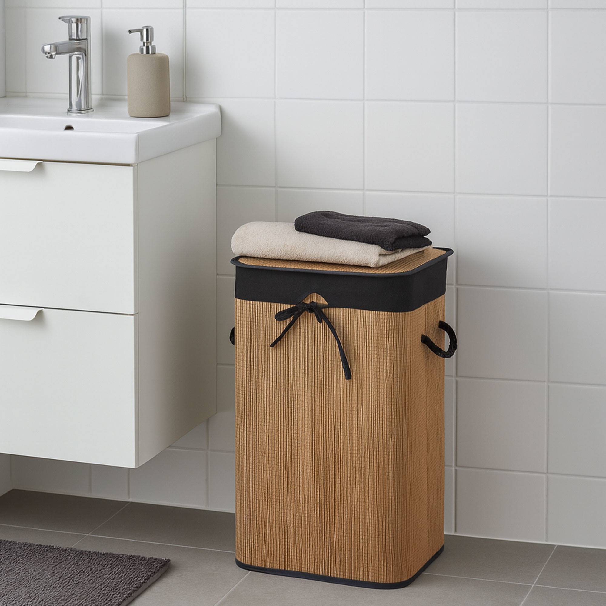 Cesto portabiancheria pieghevole in bambù con fodera in lino color naturale e dettagli neri 40x30x60cm - 3