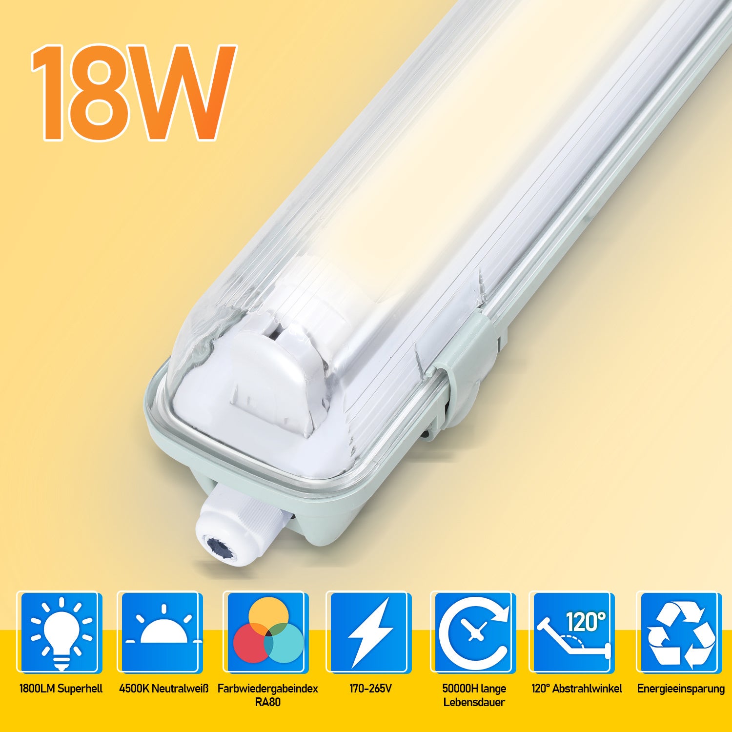 20 wodoodpornych listew LED do świetlówek T8, IP65, listwa świetlna LED, 120 cm, 1 x 18 W, neutralna biel