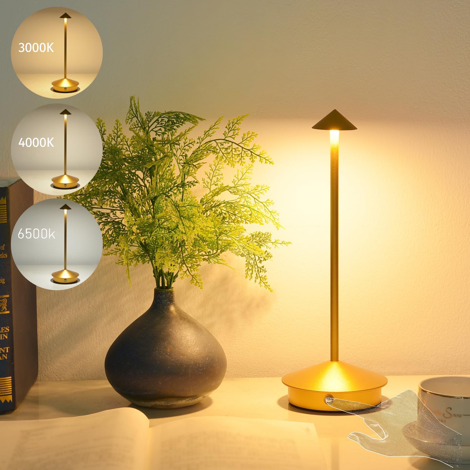 Przenośna i nowoczesna lampka biurkowa LED, bezprzewodowa, 1800 mAh, trzy temperatury barwowe i płynnie regulowana jasność (złota)