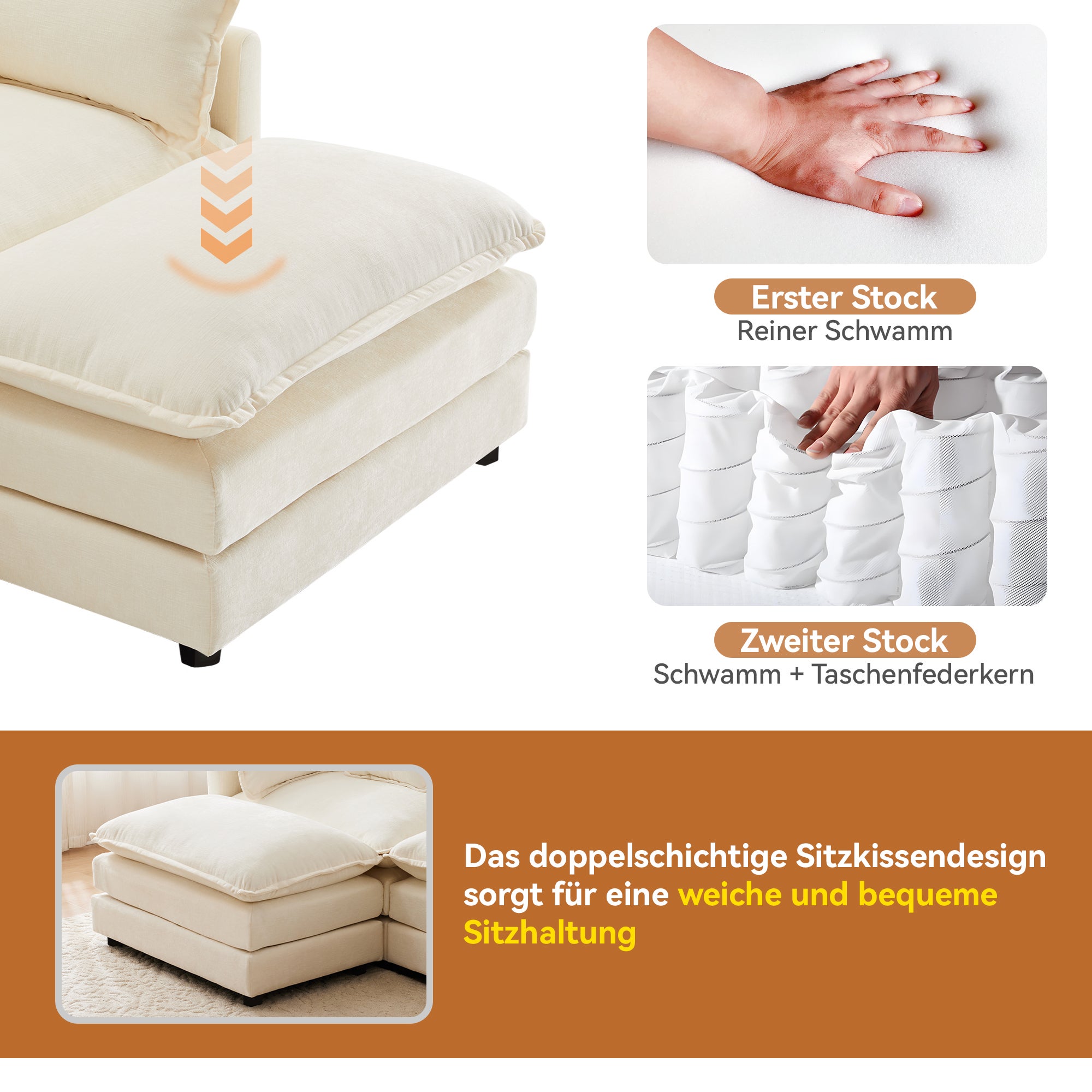 Canapé d'angle 3 places avec repose-pieds - 283 x 147 x 84 - Tissu chenille - Beige - 8