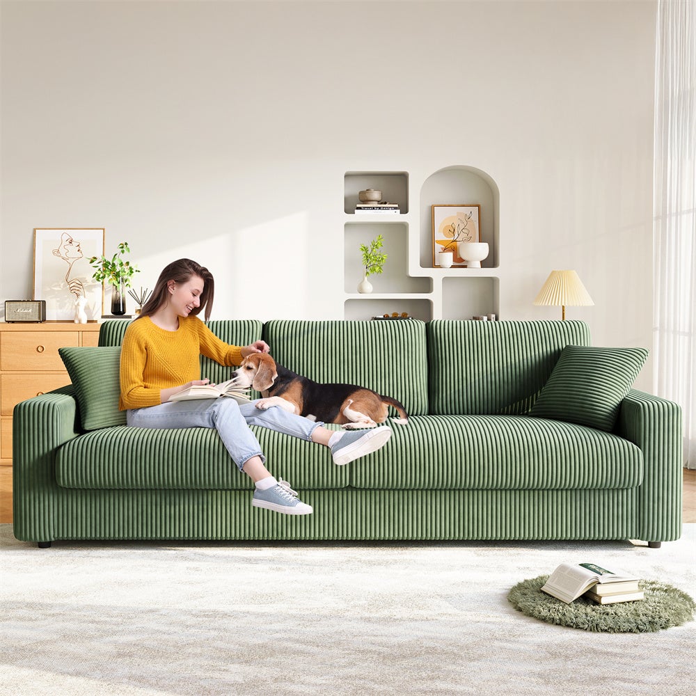 Grand Canapé 3/4 Places en Velours Côtelé Vert avec 2 Oreillers et Coussins,Canapé Modene pour le salon,254×89×88cm - 5