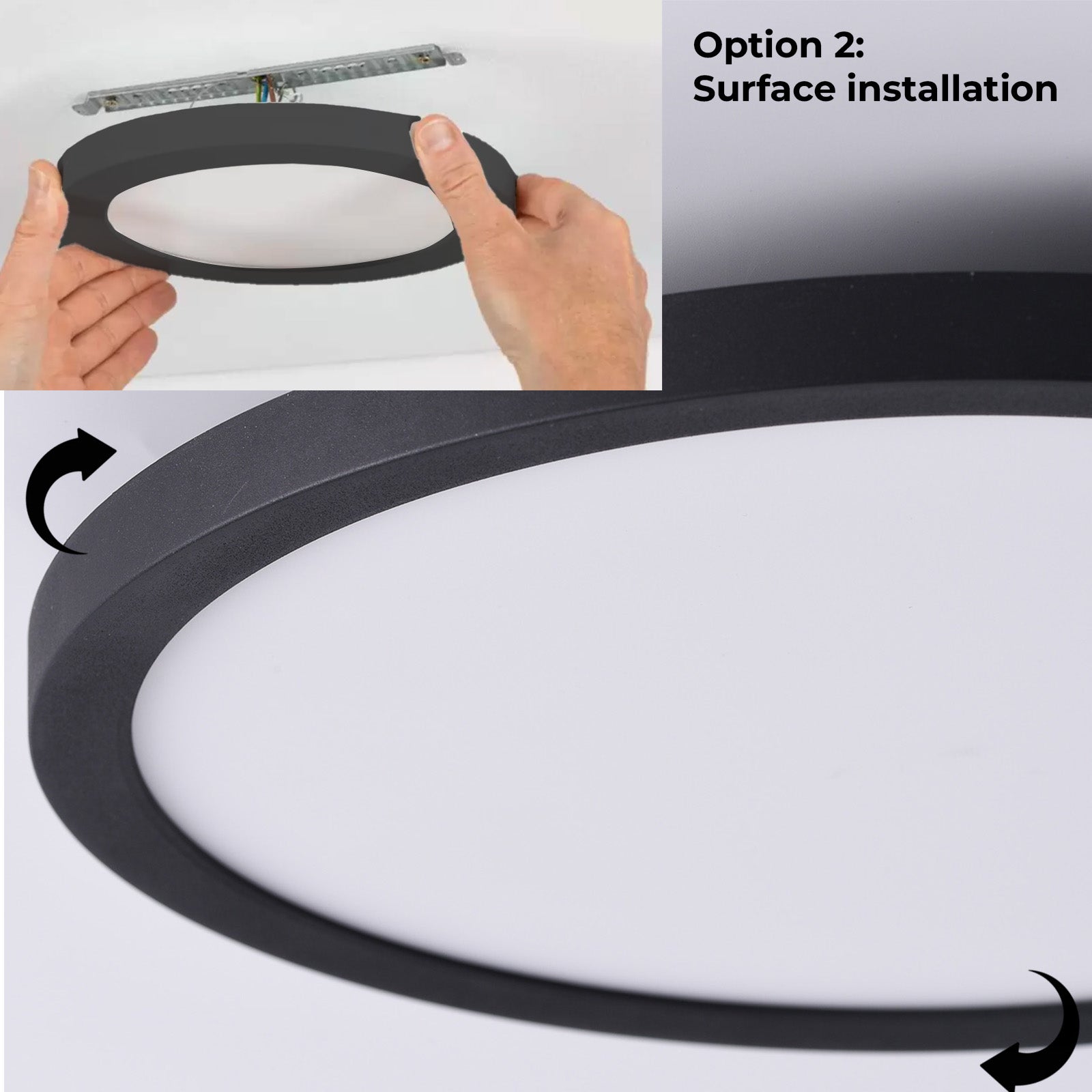 Plafón LED Circular Ø300 mm 24W IP44 empotrable/superficie negro, CCT 3000K-4000K-6000K, corte ajustable Ø65-270 mm, diseño ultrafino 17 mm. - 3