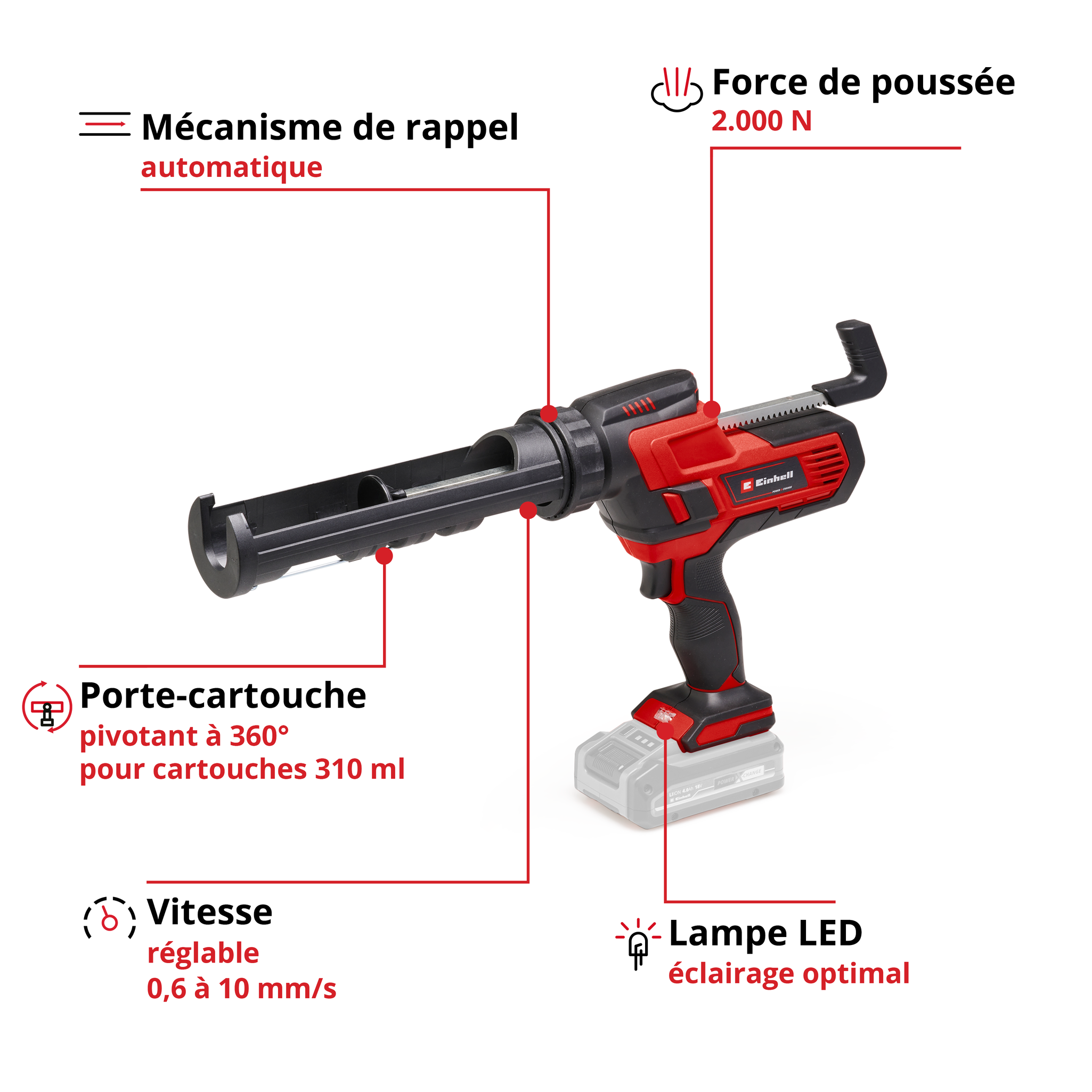 Einhell Pistolet à sceller sans fil TE-SG 18/10 Li-Solo PXC (18V, pour cartouches 310 ml) Livré sans Batterie ni Chargeur - 2