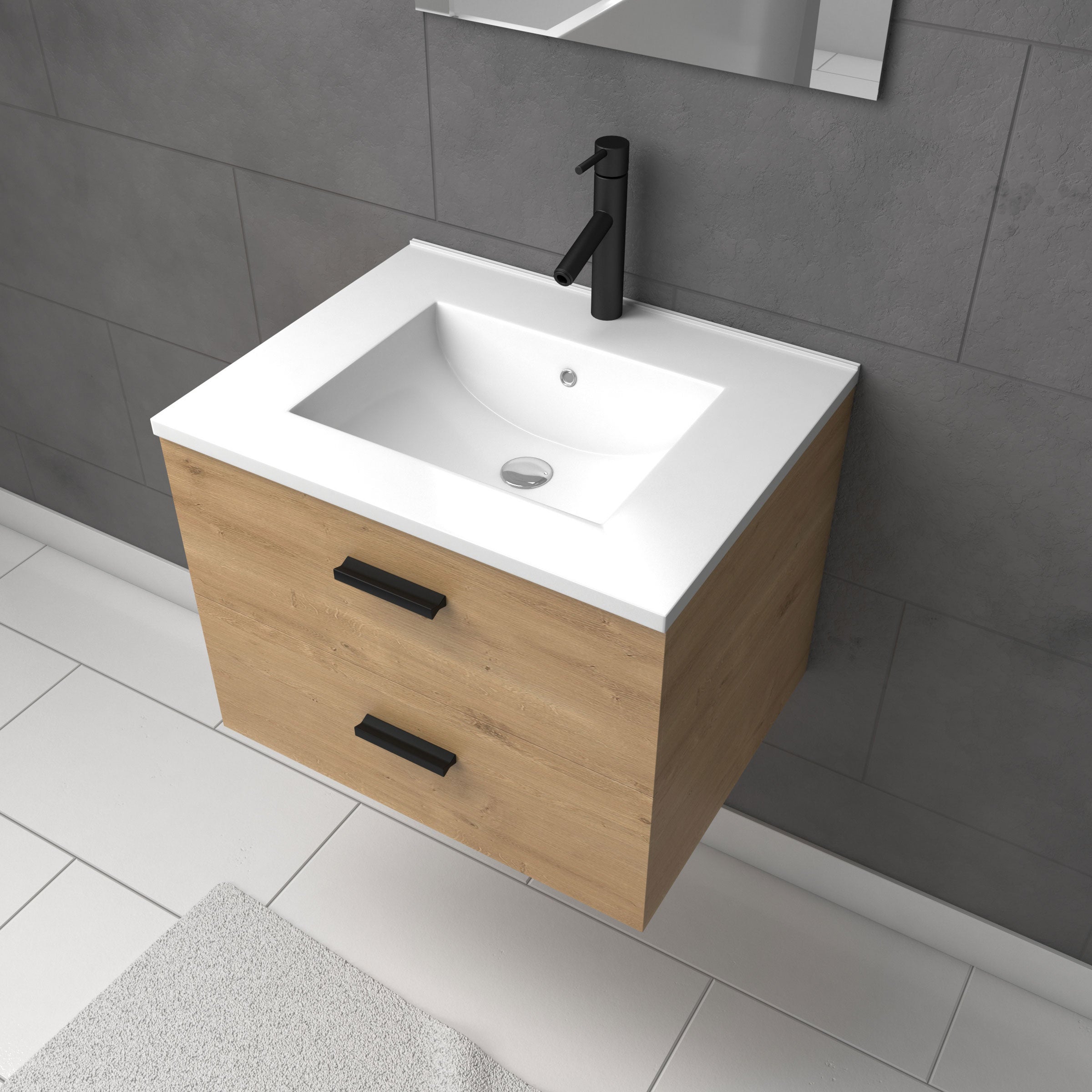 Meuble salle de bain 60 cm suspendu 2 tiroirs finition Bois avec vasque et miroir - BOX-IN 60 WOOD - 2