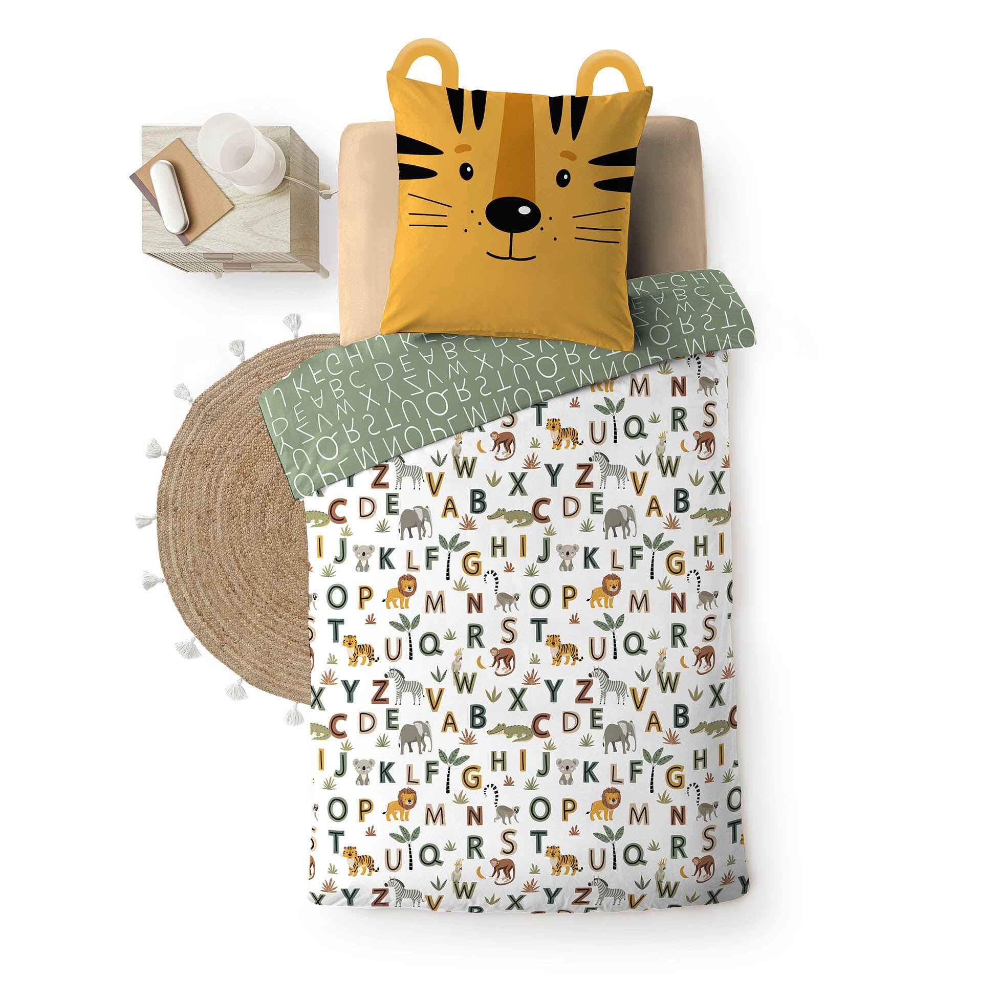 Parure de lit enfant TIGRY 140x200 cm – 100% coton – 1 taie tête de tigre – Réversible alphabet & jungle - 5