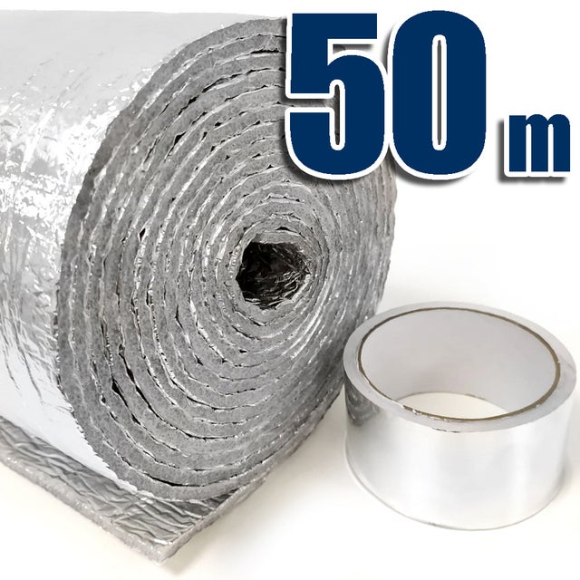 Isolation thermique 100% aluminium avec mousse (50m x 1,20m) + ruban aluminium (45m). Isolation des maisons, portails, radiateurs, caravanes, fourgons