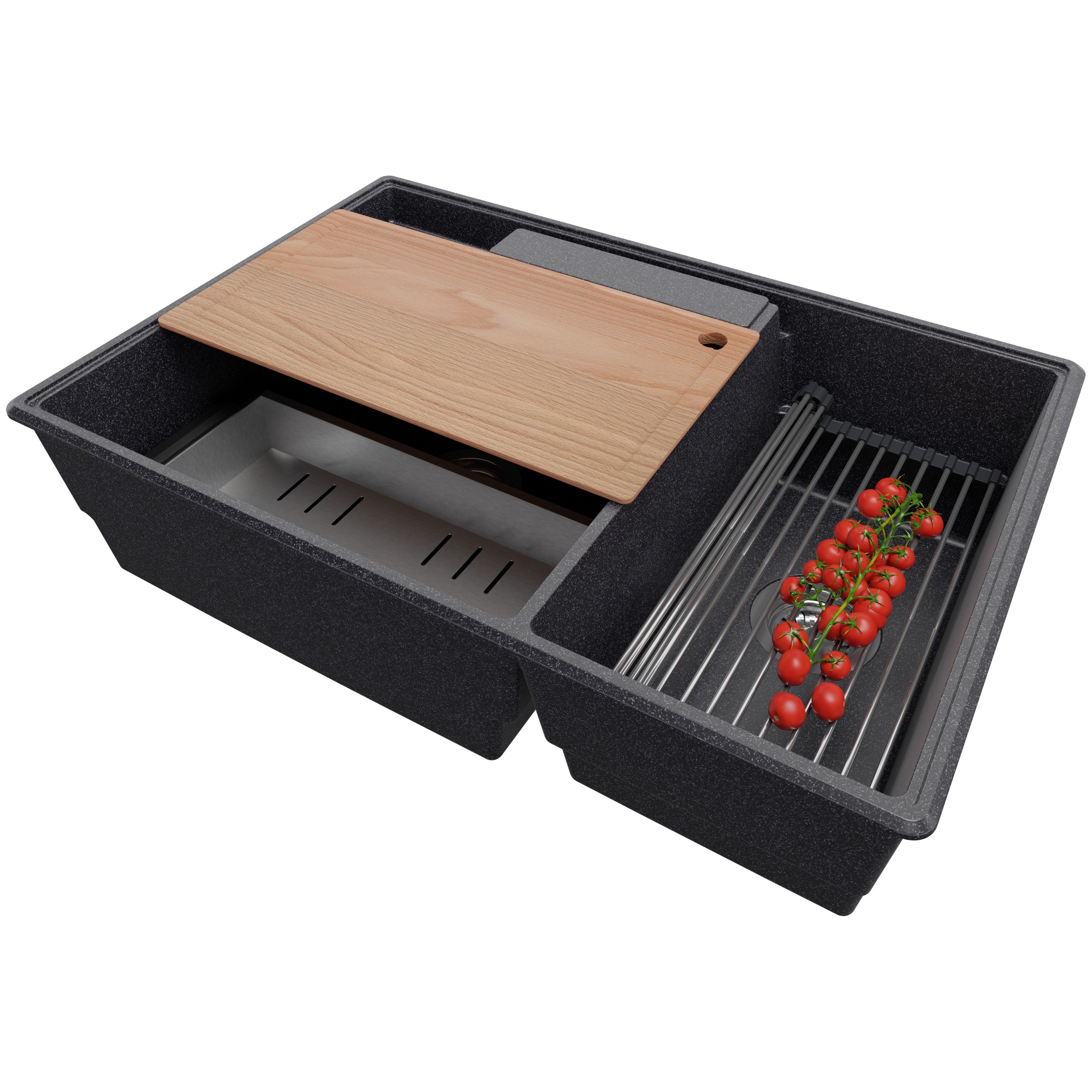 Zlewozmywak Grafitowy 78x53cm, Zlew Kuchenny 2 Komorowy + Syfon + Akcesoria, Nablatowy do szafki od 80cm - Paryż PRIMAGRAN