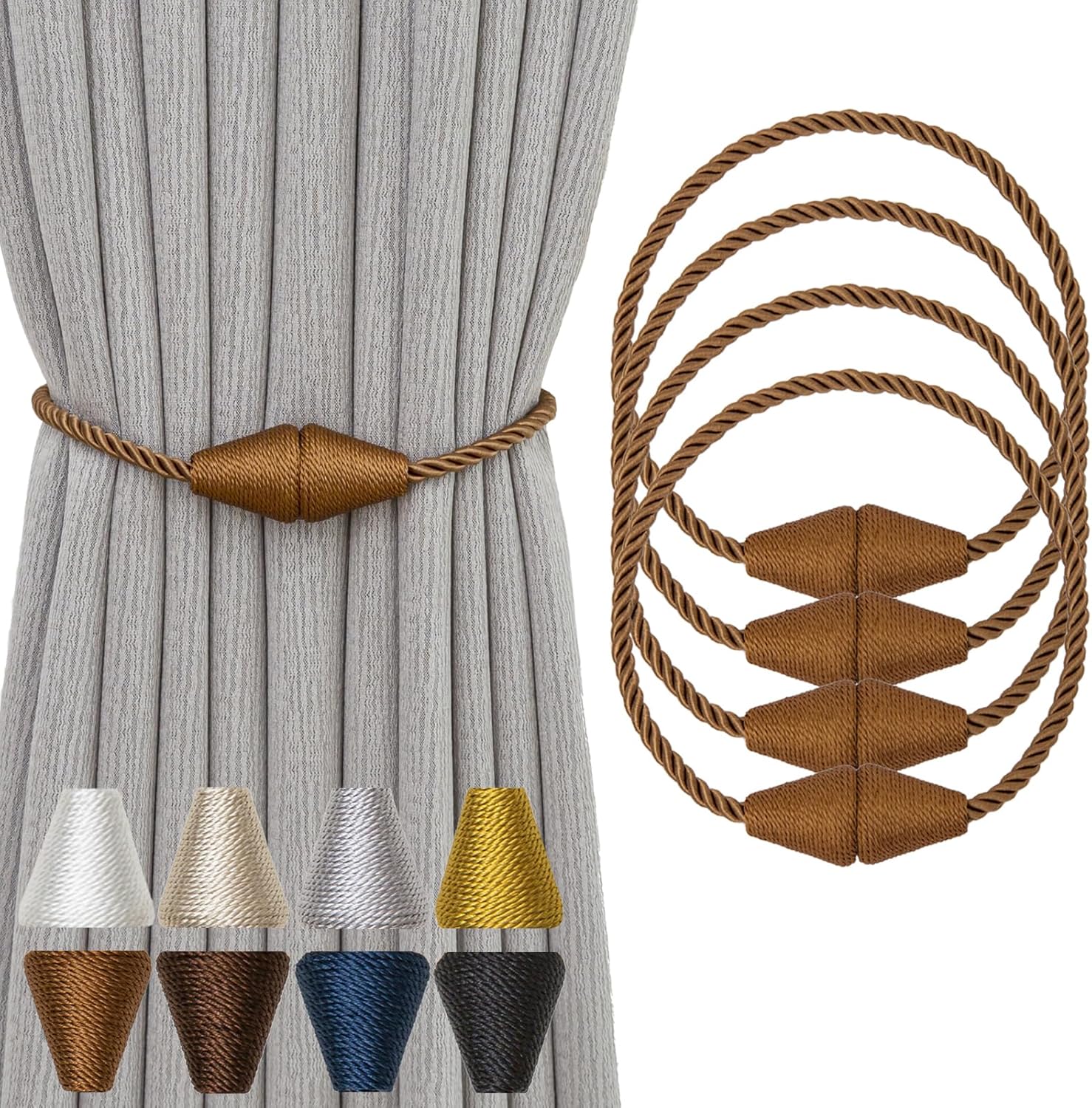 Magnetyczne opaski do zasłon z większym magnesem, 4 sztuki, 40 cm, podtrzymujące zasłony (jasnobrązowy)