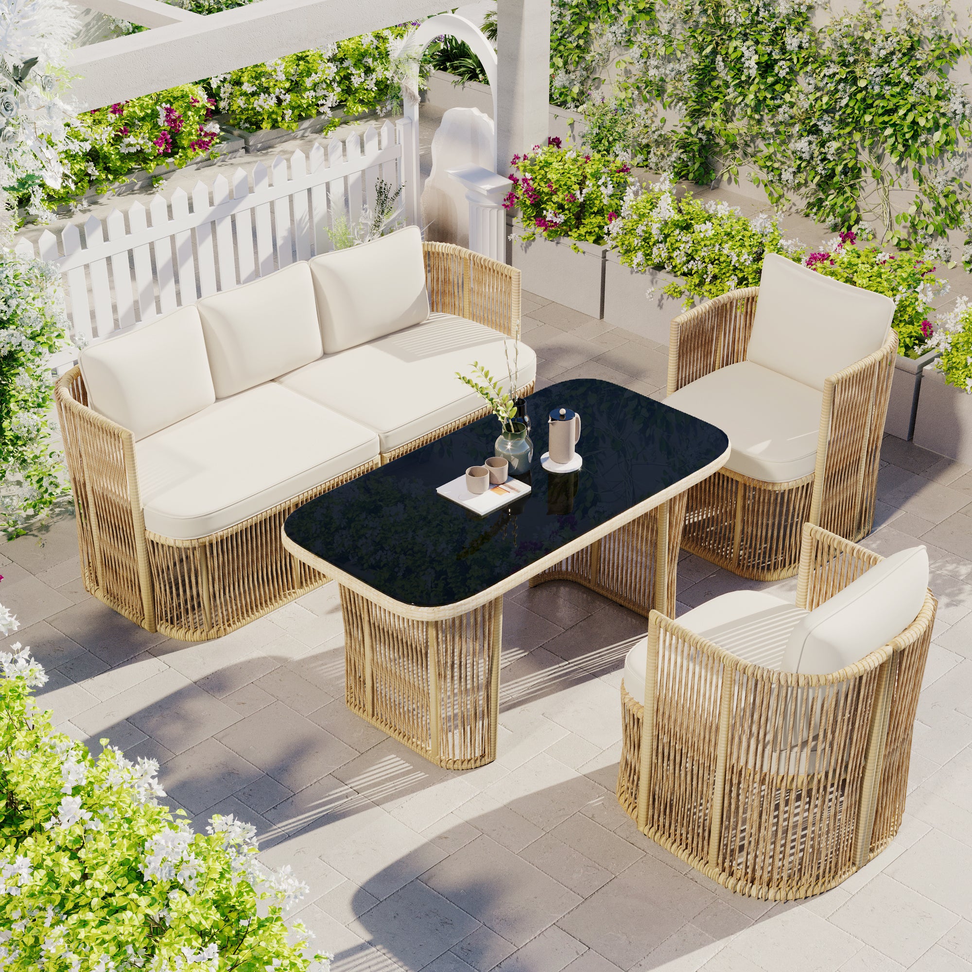 Salon de Jardin en Résine Tressée 5 Pièces - Canapé 3 places, 2 Fauteuils et Table en Verre Trempé - Coussins Épais - Beige et Noir - 9