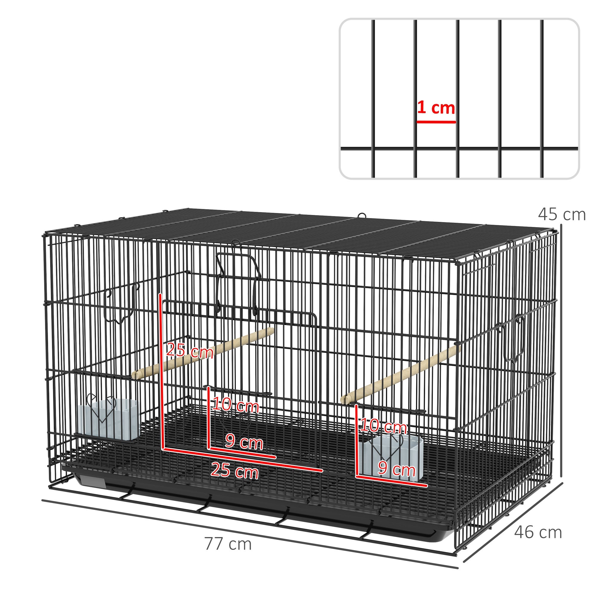 Gaiola para Pássaros 77x46x45cm Metal Preto com Bandeja Removível 2 Poleiros Comedouros Canários Periquitos - 2
