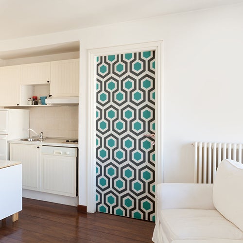 Pegatina de puerta, puertas adhesivas decorativas y armarios hexagons azules y grises, 204 cm x 83 cm