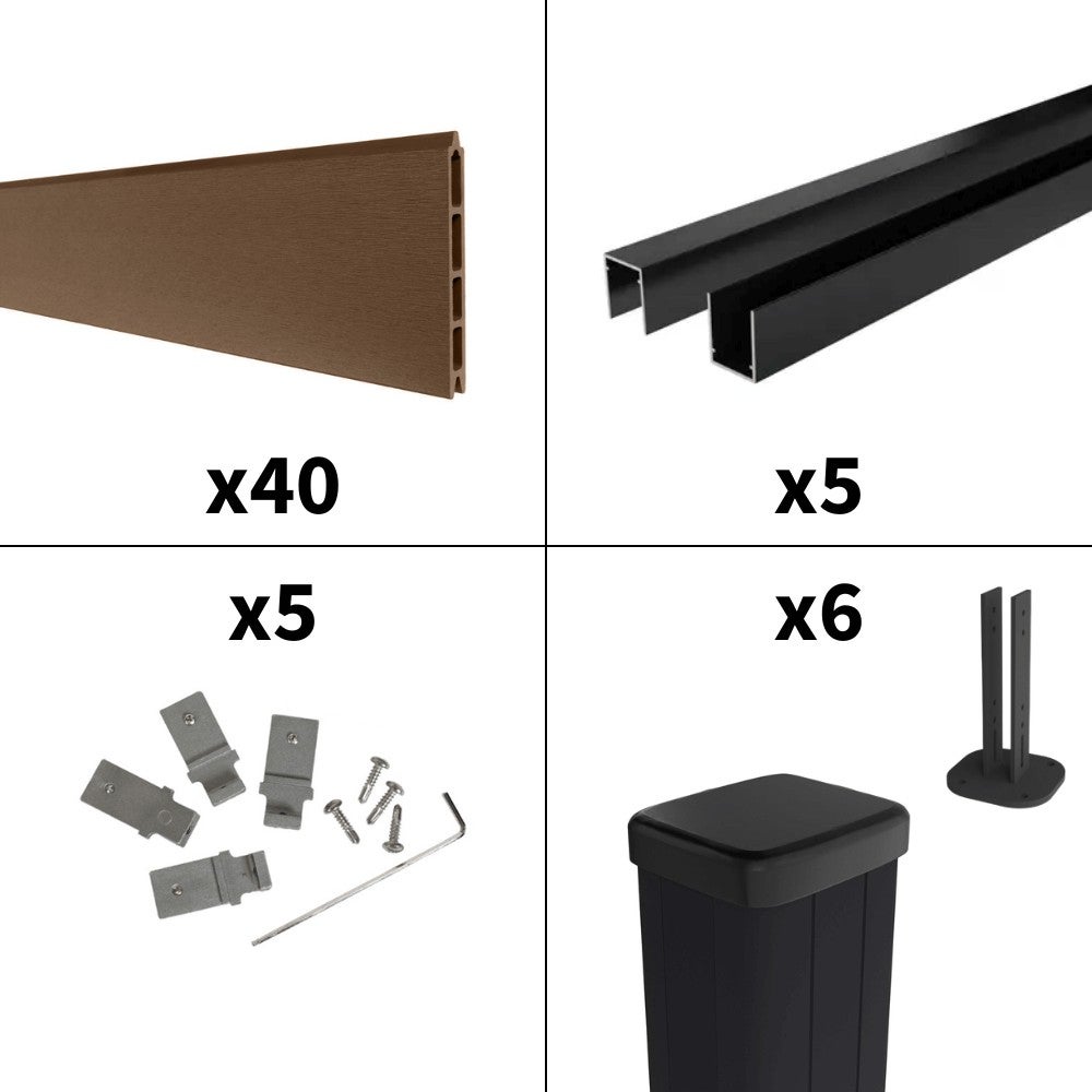 Kit Clôture Composite sur Muret RIO Bronze 9x1,2m - Bois composite & Aluminium - Poteaux sur Platines Noir - Brise vue - 3