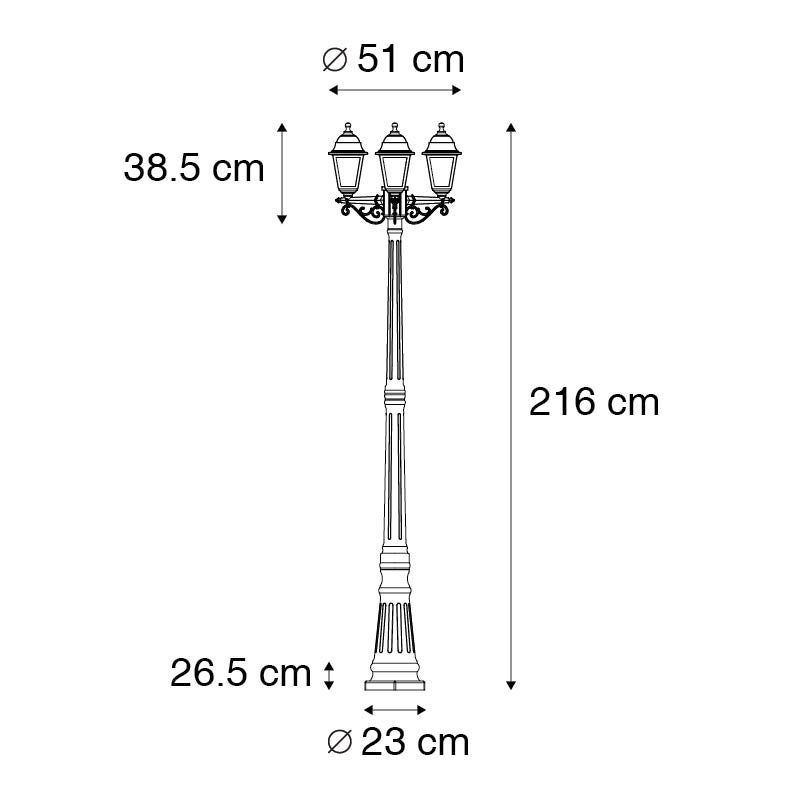 Qazqa classic-antique lanterne extérieure pour jardin - Capital - noir, max. 15w, e27, 216cm, IP44, à 3 lumières - 3