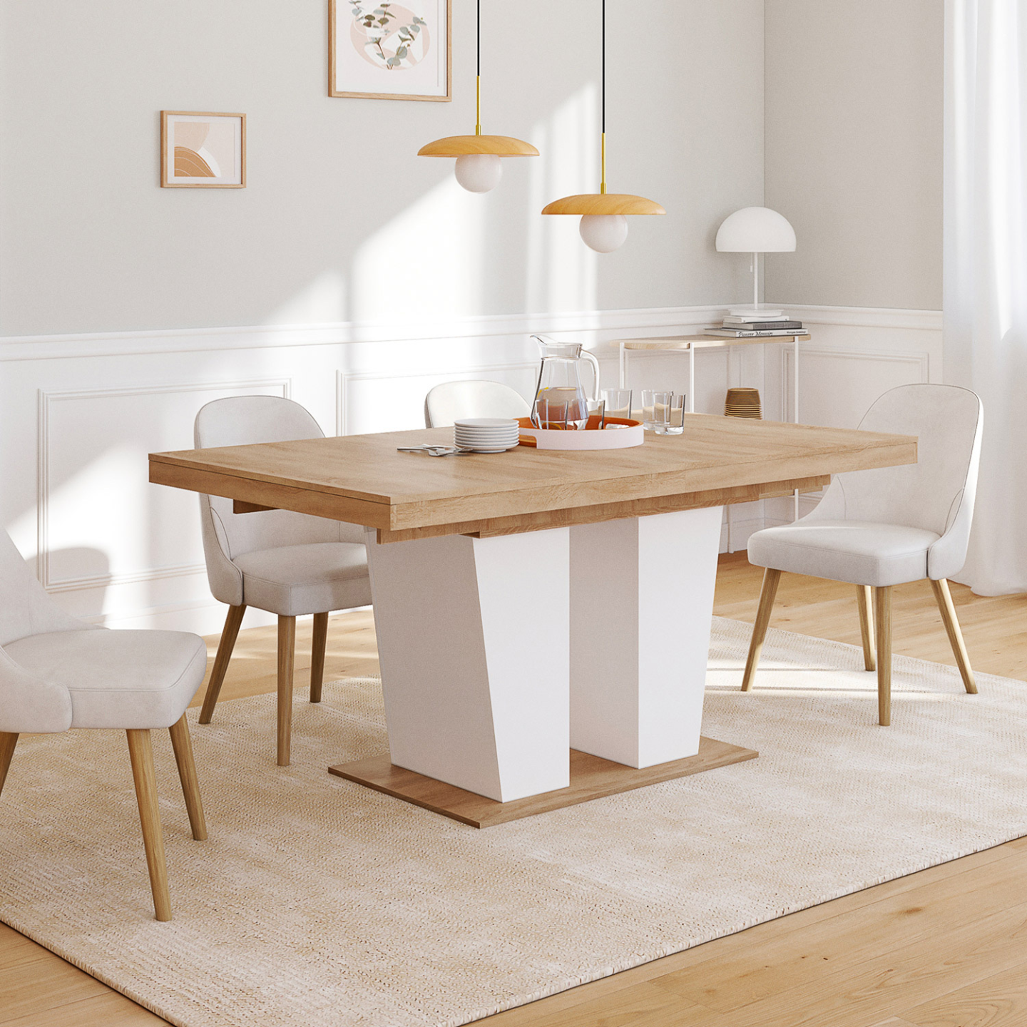 Table à manger extensible rectangle ELIAD 6-10 personnes bois et blanc 160-200 cm - 4