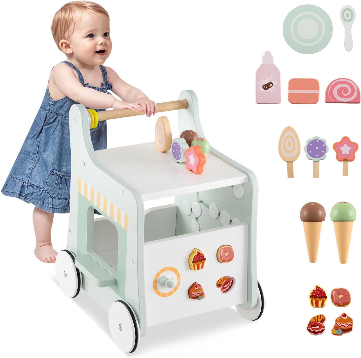 8 w 1 Drewniany Chodzik dla Niemowląt, z Interaktywnymi Akcesoriami, Antypoślizgowe Kółka, do Chodzenia dla Dzieci Powyżej 1 Roku Życia (Zielony)