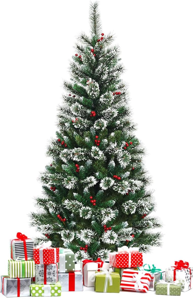 Sztuczna Choinka Bożonarodzeniowa Pokryta Śniegiem, z Czerwonymi Jagodami, Gałęziami z PVC i Igłami Sosnowymi, Żelazna Podstawa, Zielona (180 cm)