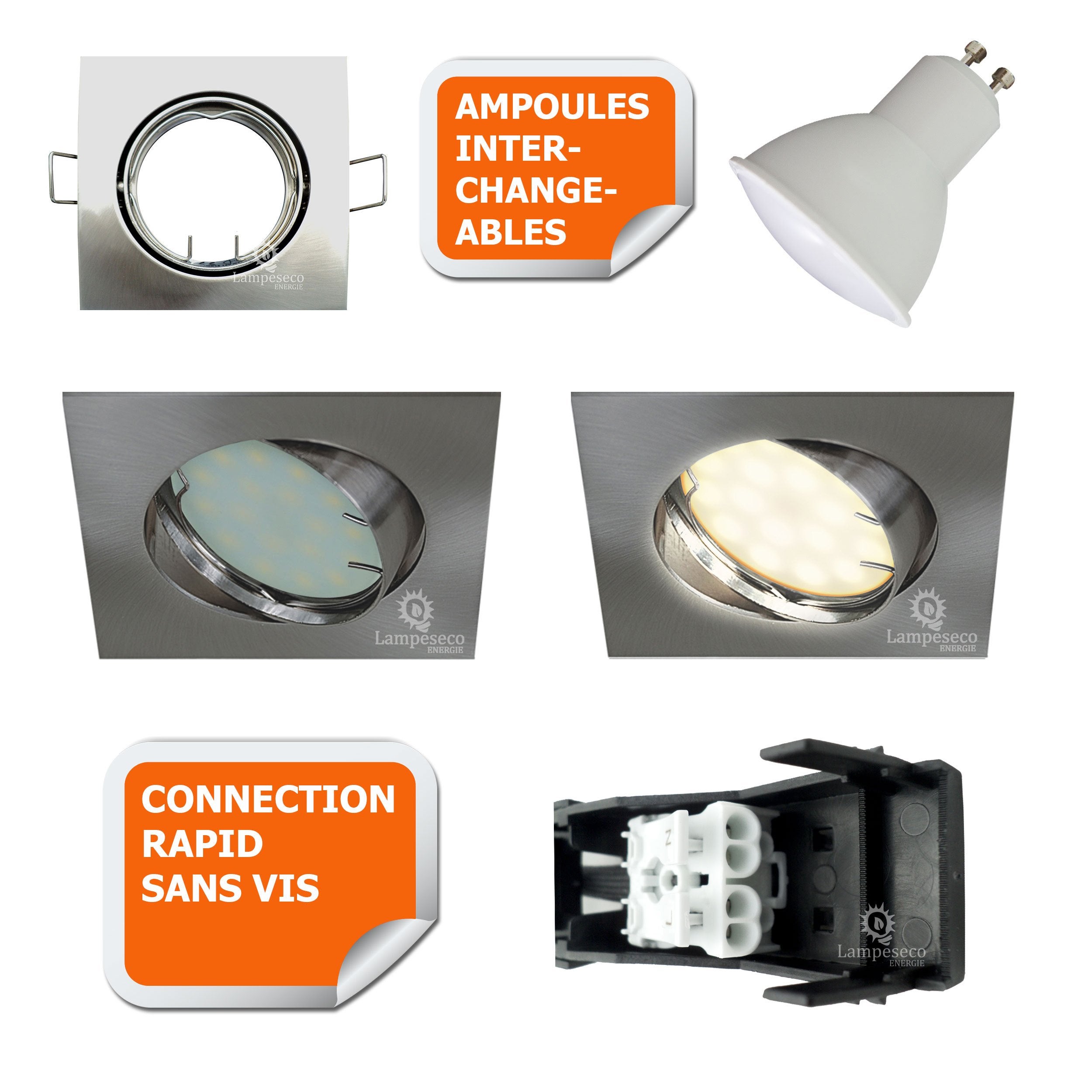 Lot de 10 spot encastrable orientable LED carré alu brossé GU10 230V eq. 50W blanc chaud - 2