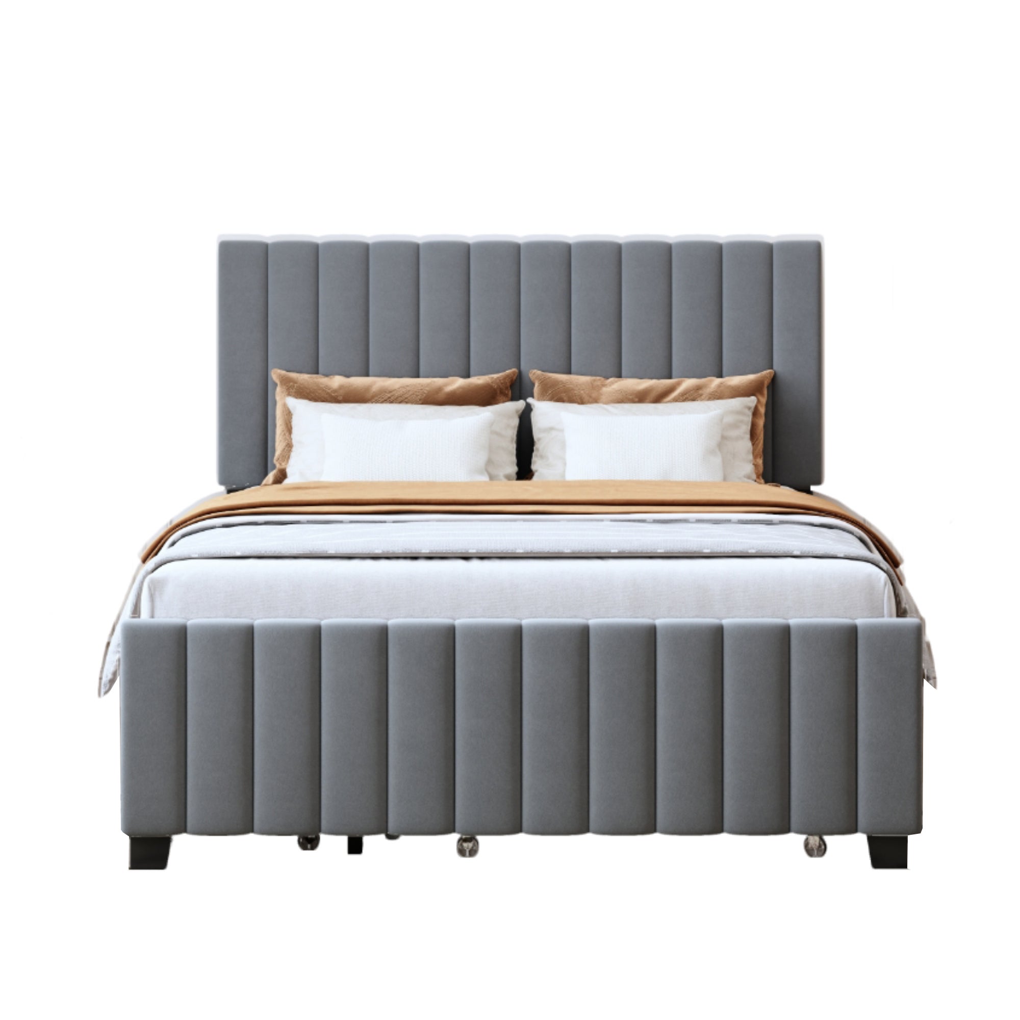 Lit gigogne 140 x 190 cm lit capitonné avec 2 tiroirs, velours, gris, sans matelas - 9