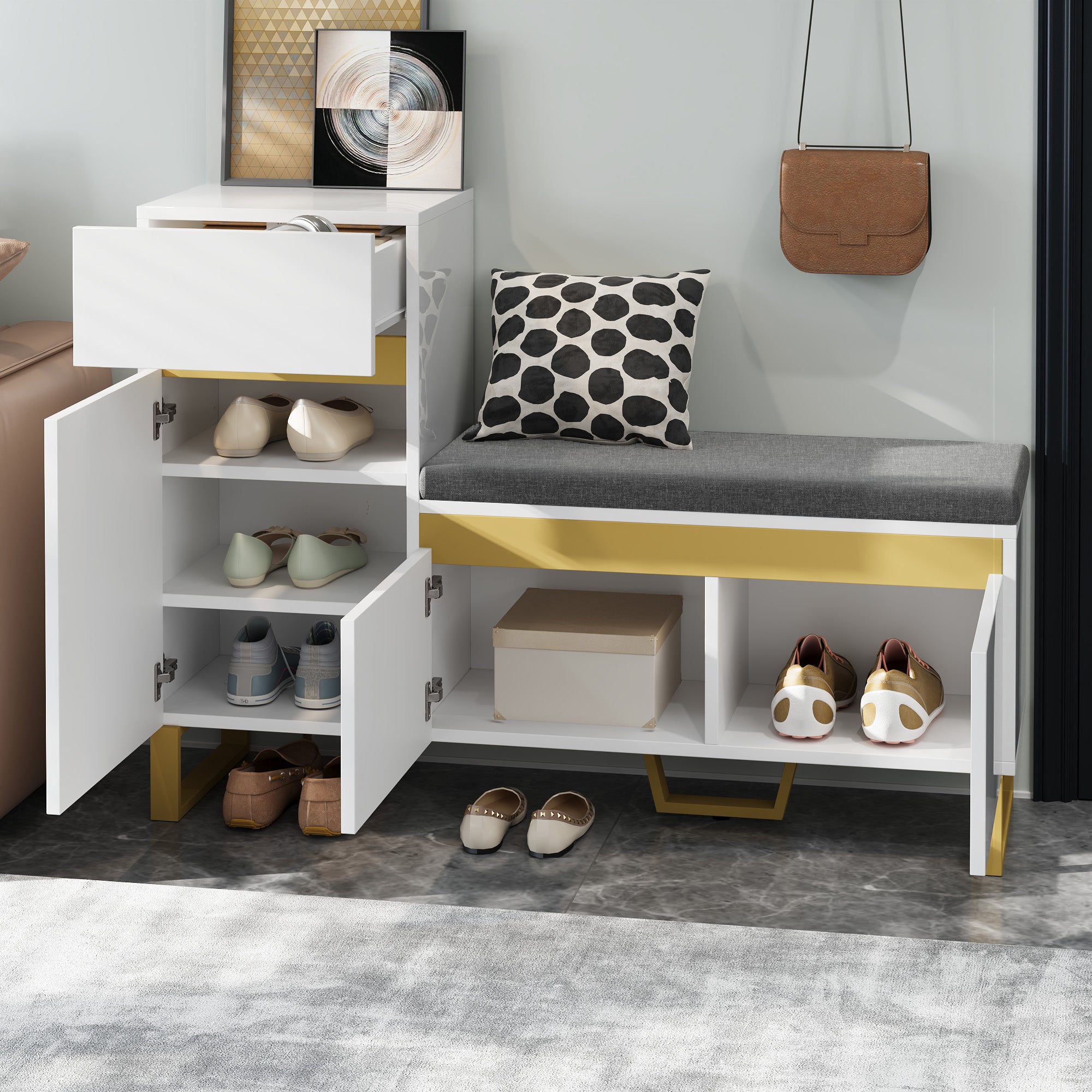 Szafka na buty z ławką, poduszką, 3 drzwiami i 1 szufladą - 120 x 35 x 85 cm - MDF - biała - 6