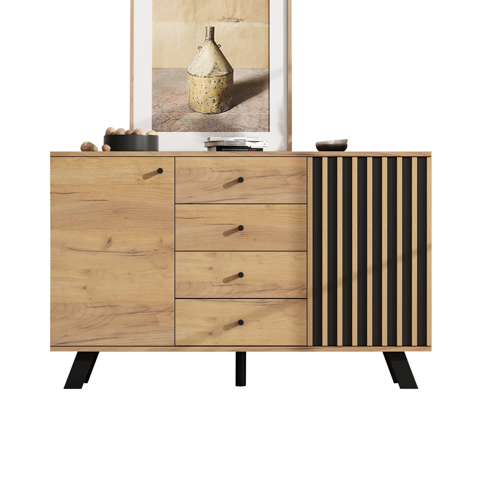 Buffet avec 2 portes et 4 tiroirs - 120 x 38 x 75 cm - MDF + pieds en bois massif - Noir + Naturel - 9