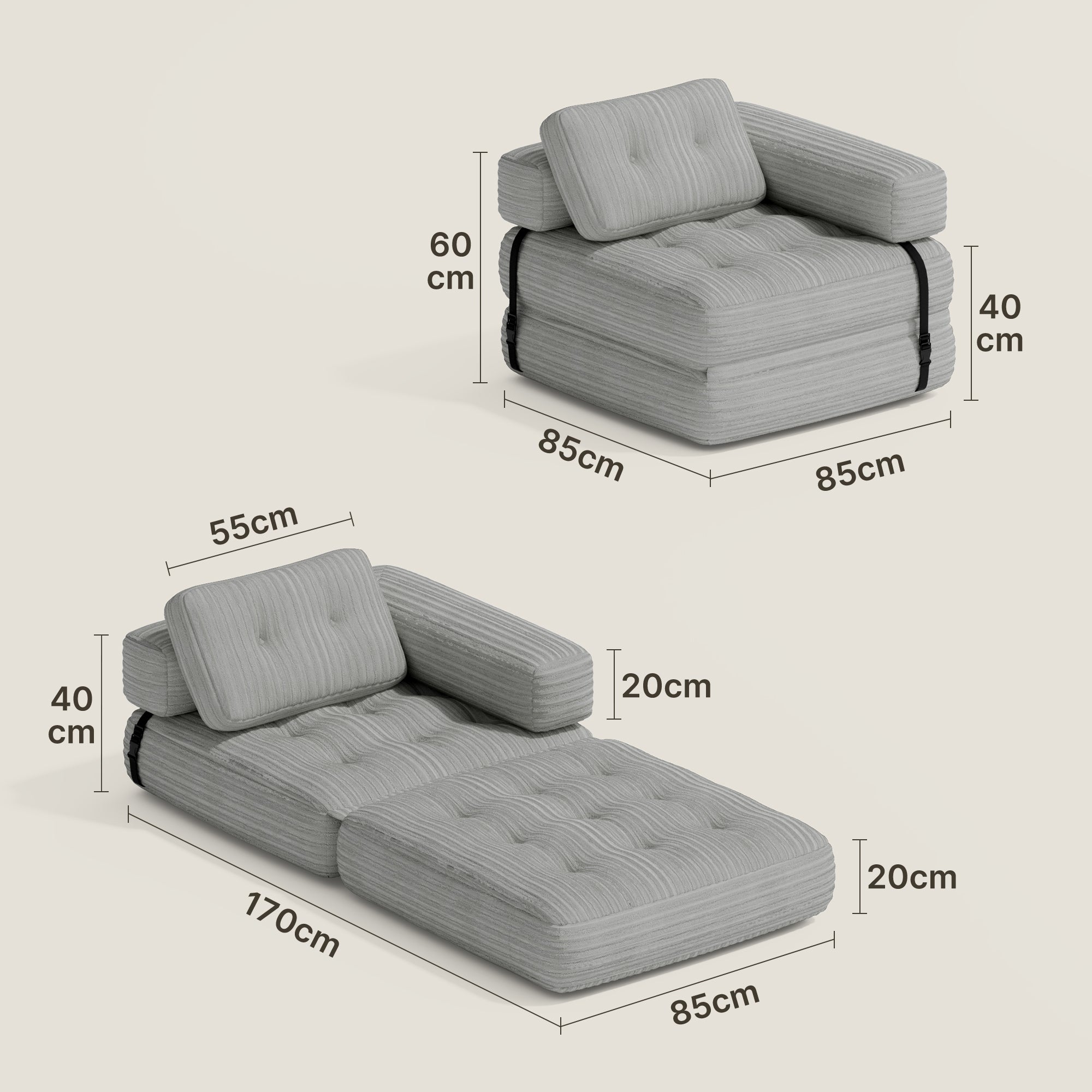 Bealife Sofá Conversível Poltrona-Cama de 1 Lugar em L Cinza Claro Veludo Cotelado Travesseiro Longo 85 x 85 cm - 3