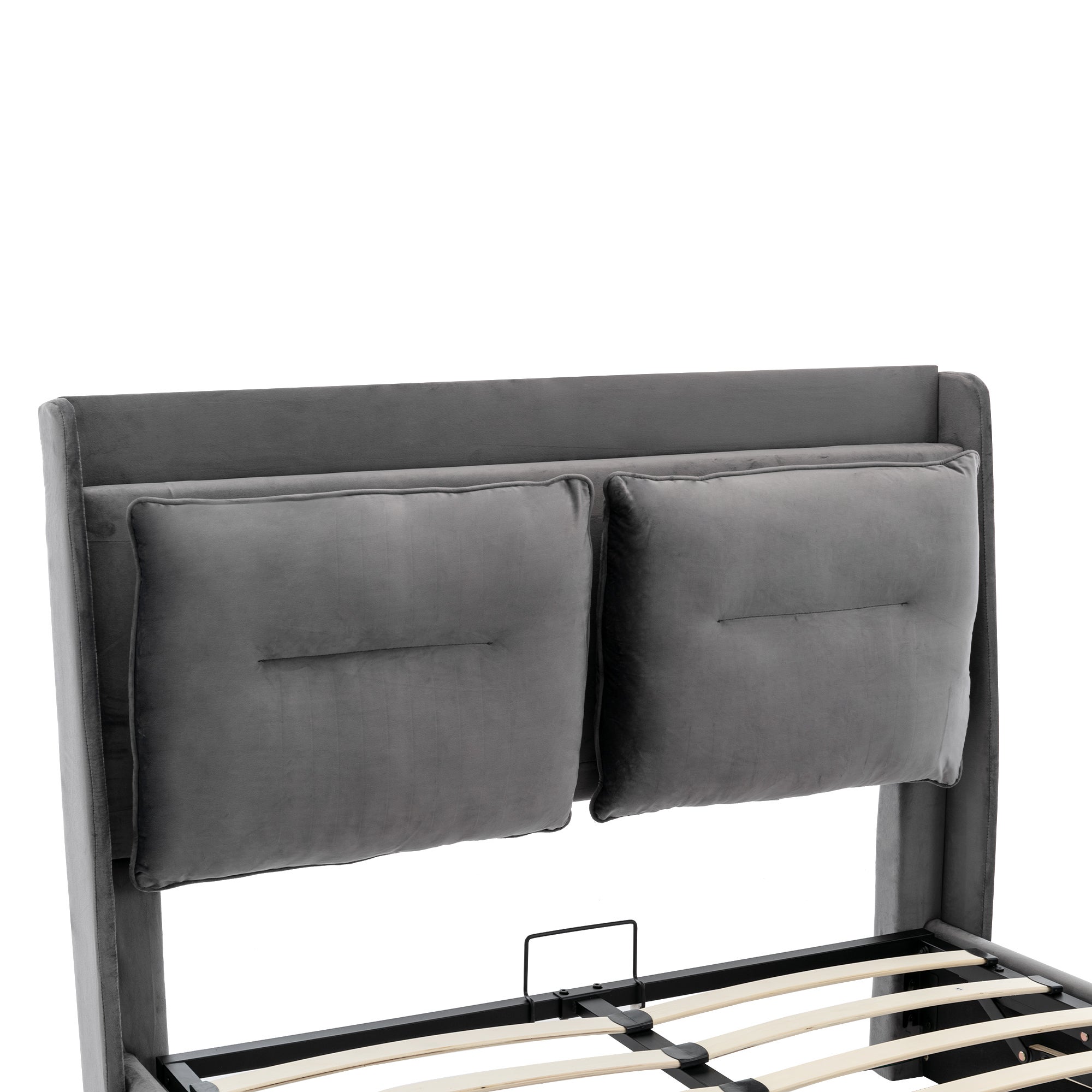 Cama con canapé tapizada en terciopelo - 140x190 cm - 2 cajones a los pies de la cama - Tira de luces LED empotrada a los pies de la cama - Gris - 8