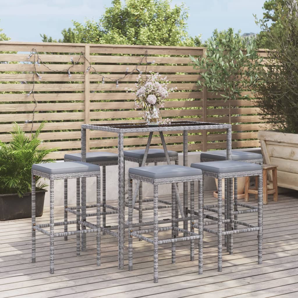 Set Bar Da Giardino 7 Pezzi In Polyrattan Antracite - Con Tavolo, 6 Sgabelli E Cuscini