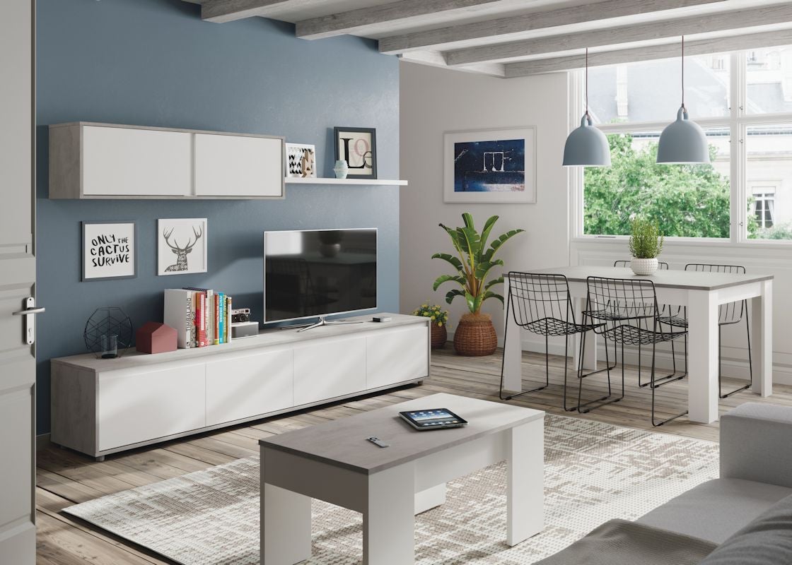 Table basse GOTHAM avec plateau relevable et rangement - Blanc / Béton - 3