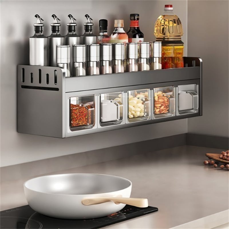 Wieszak na przyprawy montowany na ścianie bez wiercenia - Szary, kuchenny organizer z dołączonymi pudełkami, duża pojemność 45×12,5×14 cm