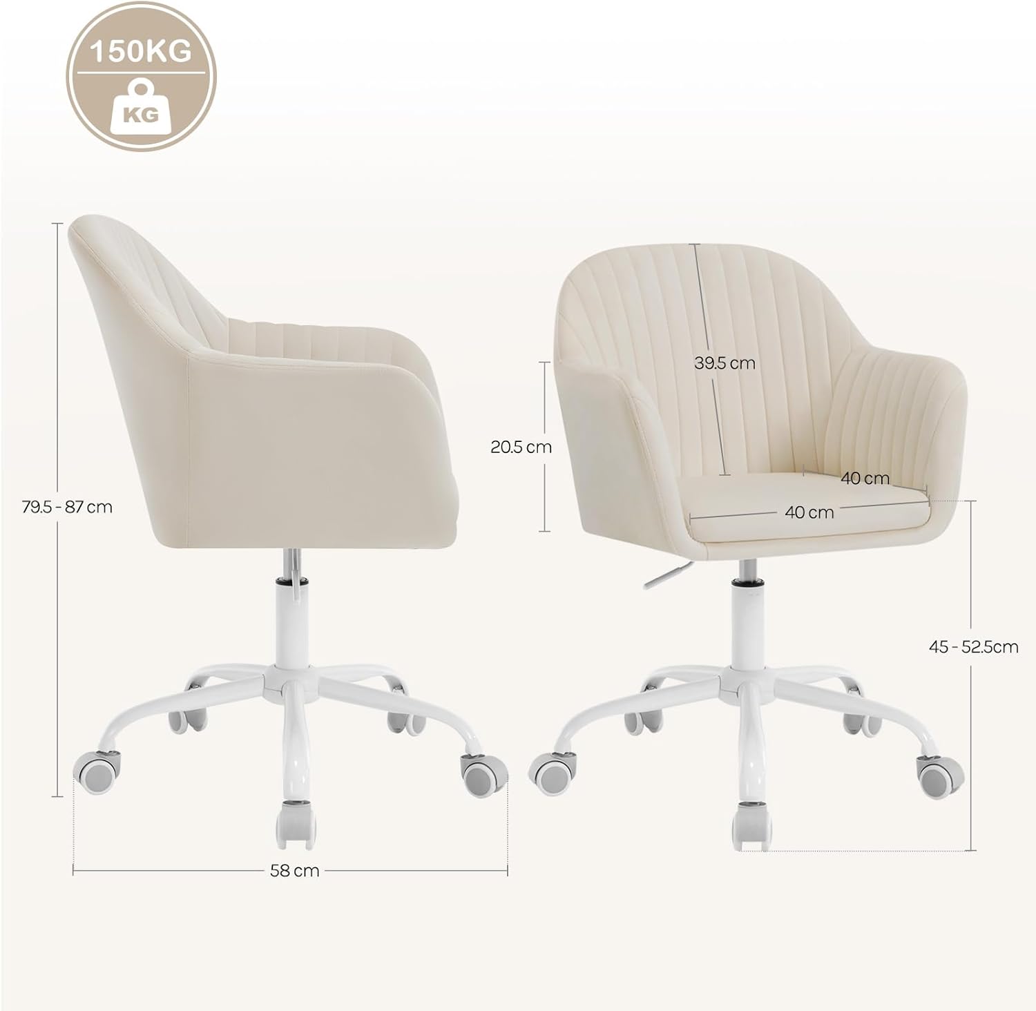 Chaise Bureau Velours WOLTU, Chaise Coiffeuse Réglable en Hauteur, Fauteuil de Bureau Ergonomique, Fauteuil Pivotant, Beige - 4