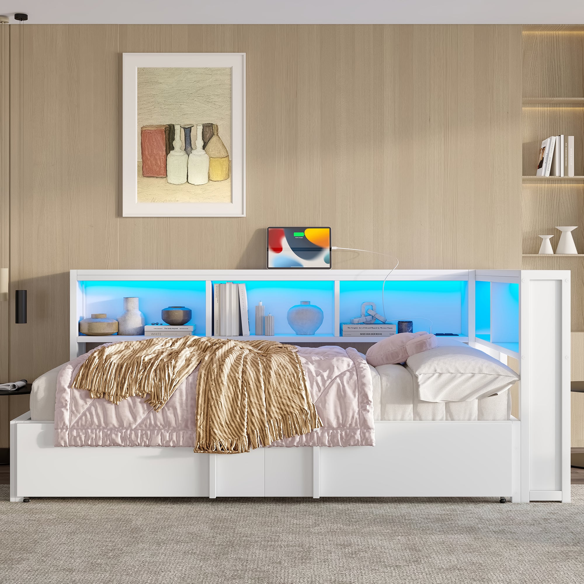 Rozkładana sofa 90x200cm - Z wysuwanym łóżkiem - z schowkiem - z LED i portem USB - Biały (bez materaca) - 4