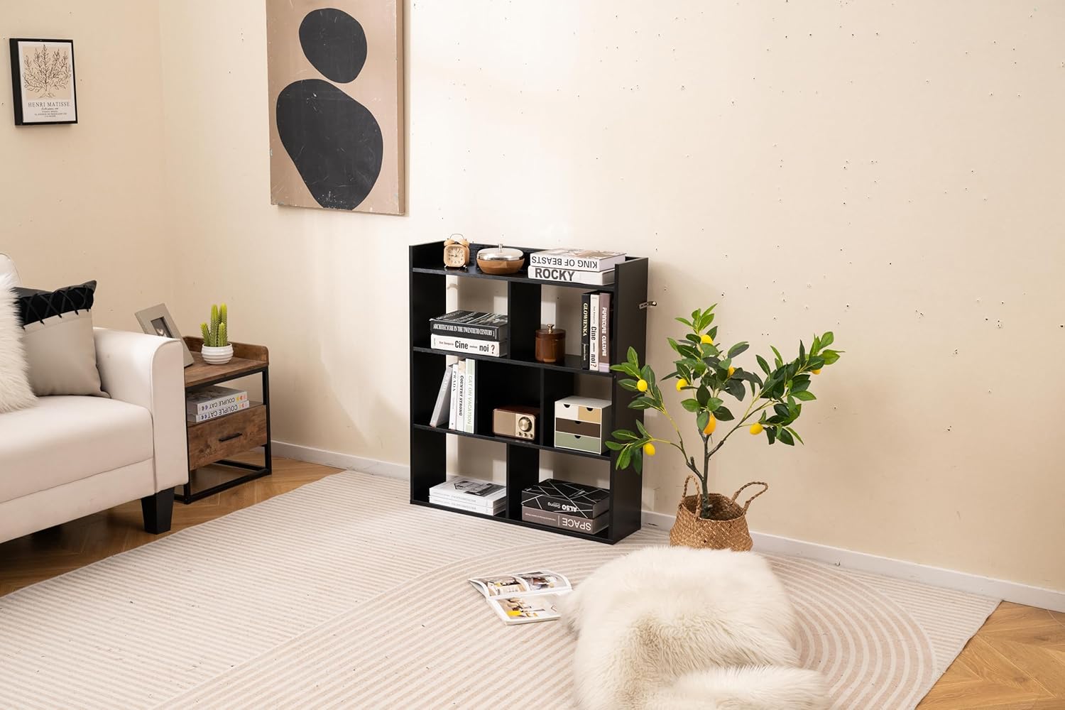 Regał Biblioteczny z 7 Otwartymi Przegrodami, Drewniany Regał Biblioteczny z 3 Poziomami i Zestawami Zabezpieczającymi przed, 80 x 20 x 90 cm (Czarny)