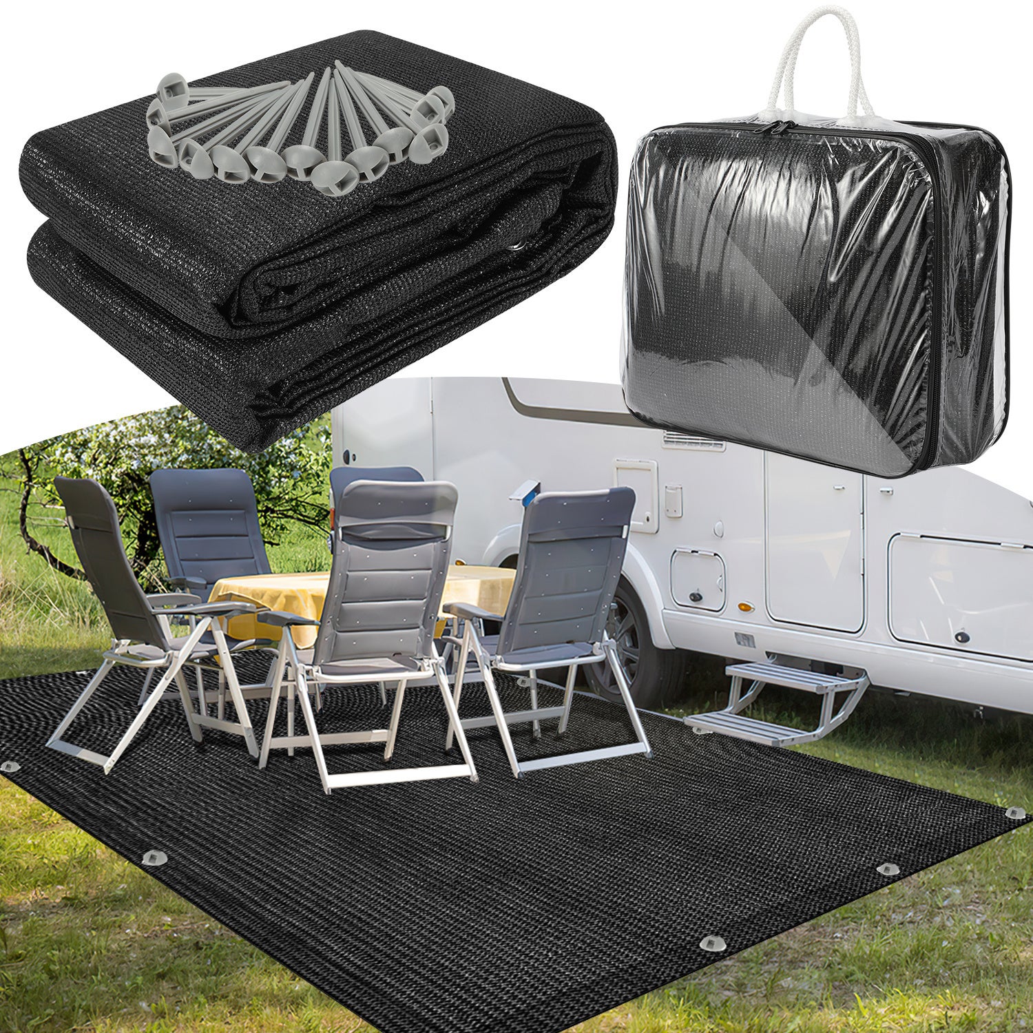 Dywanik campingowy 250x600 cm HDPE PEHD Czarny Komfortowy dla bosych stóp zimą