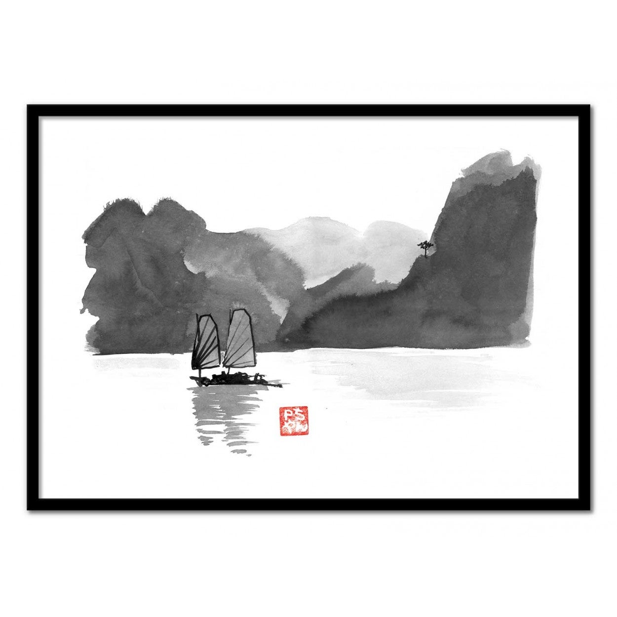 Art-poster - halong bay - pechane sumie - con marco negro 50 x 70 cm