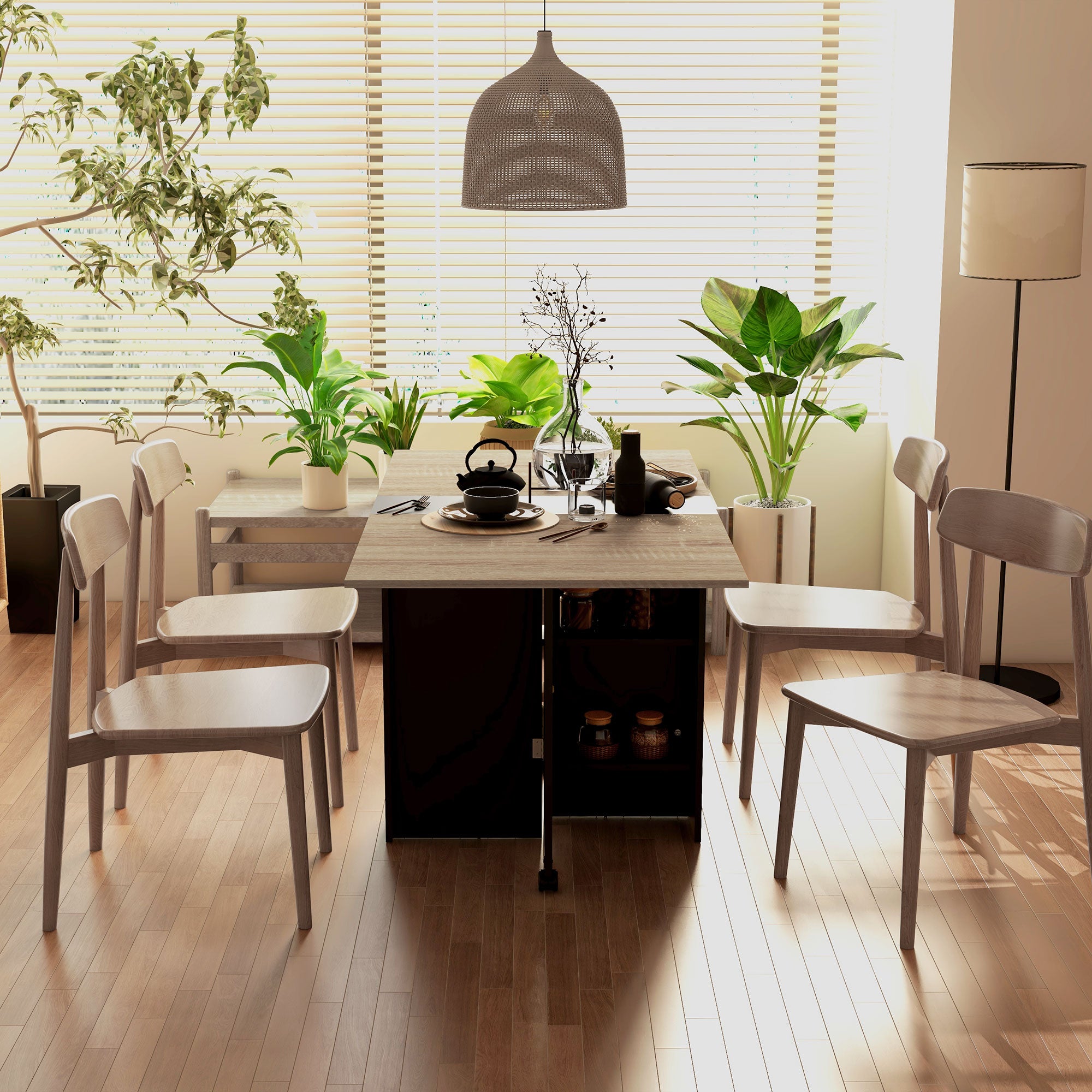 HOMCOM Tavolo Pieghevole Consolle per 4-6 persone con Ruote e Ripiani, 140x75x74cm, Rovere e Nero - 8