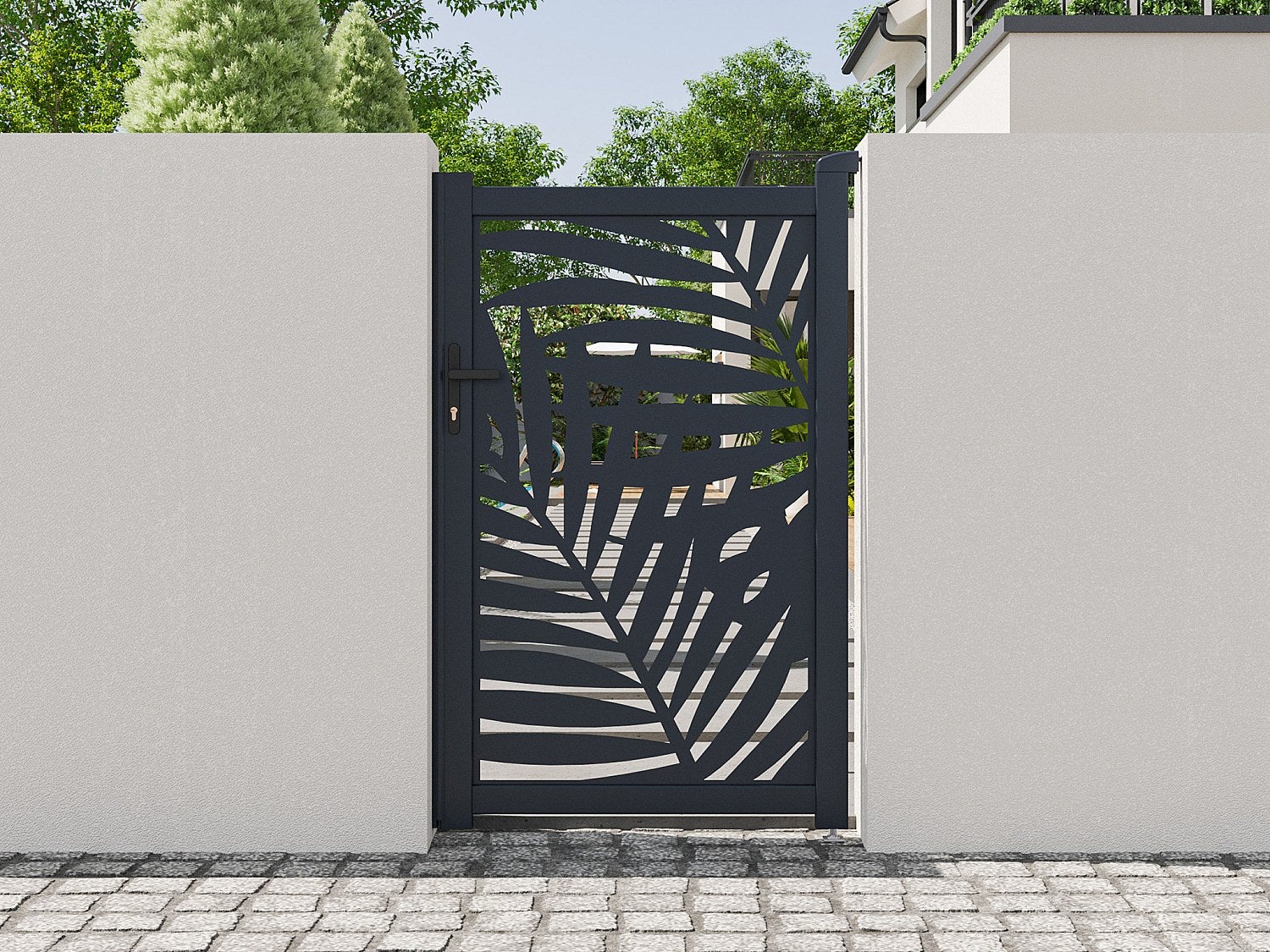 Furtka skrzydłowa z aluminium z motywem tropikalnym wyciętym laserowo – szer. 103 x wys. 166 cm – antracyt – TOGIRO