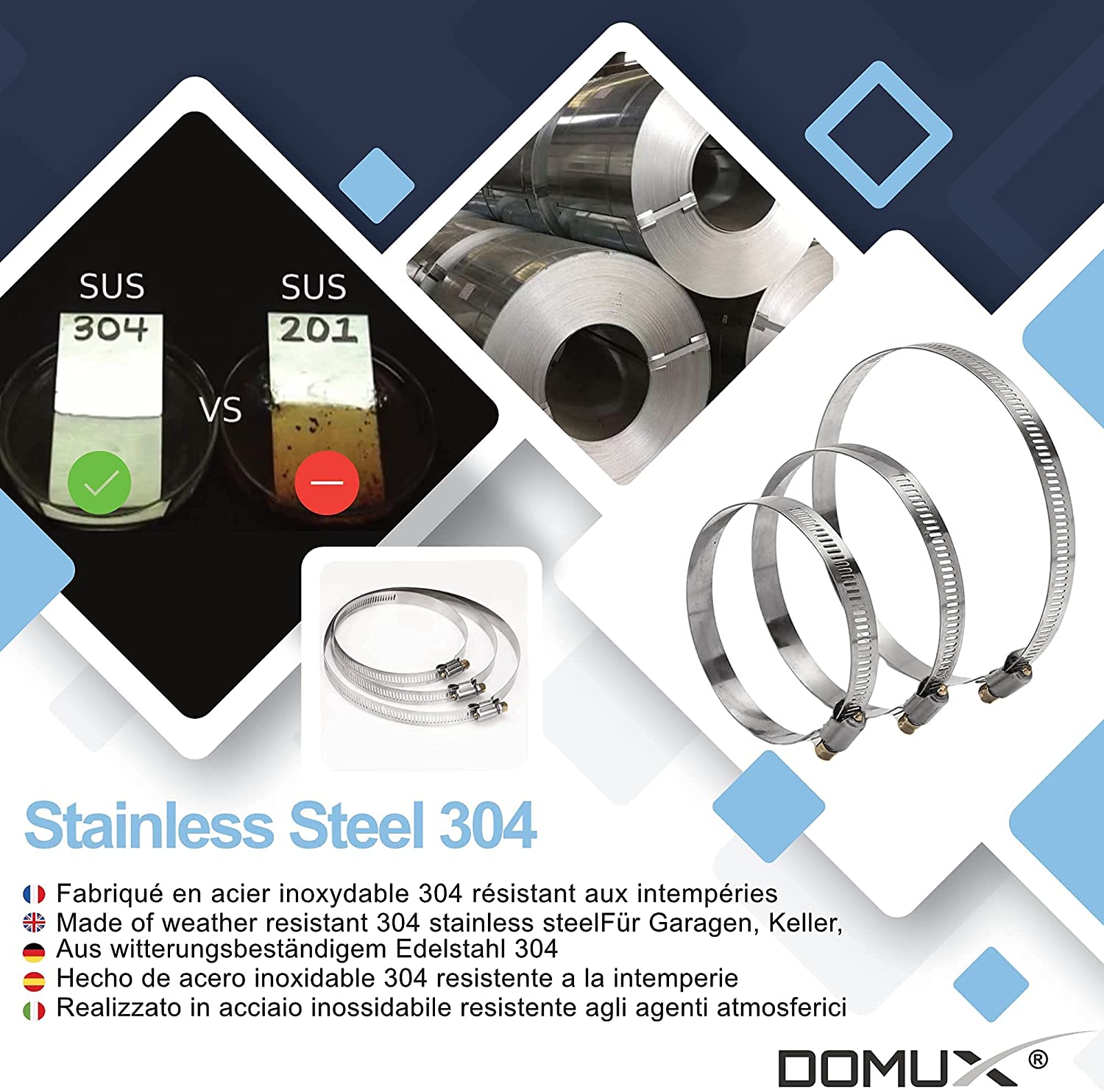 2 Colliers de serrage Inox 150 mm à entraînement par vis sans fin, plage de serrage 140-170mm pour conduits, gaines de ventilation, VMC et Hotte DN150 - 2