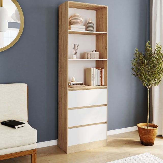 Etagère bibliothèque CARLA 3 niveaux 3 tiroirs blanc et effet bois 190 cm