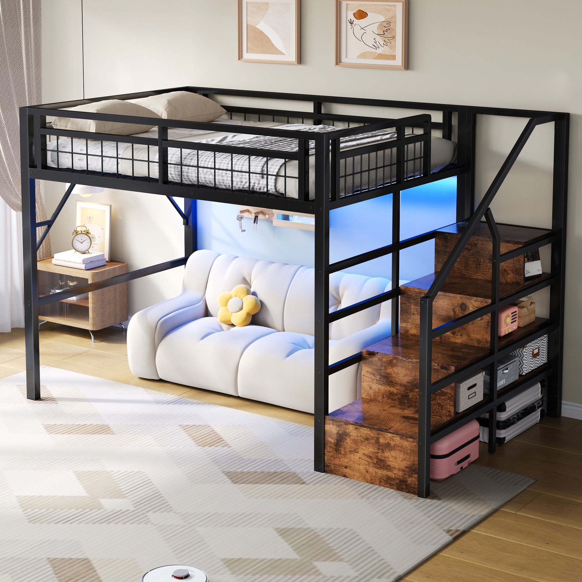 Lit mezzanine 140 x 200 cm cadre métal avec éclairage LED, escalier avec rangement intégré, espace libre aménageable dessous, sans matelas, noir - 5