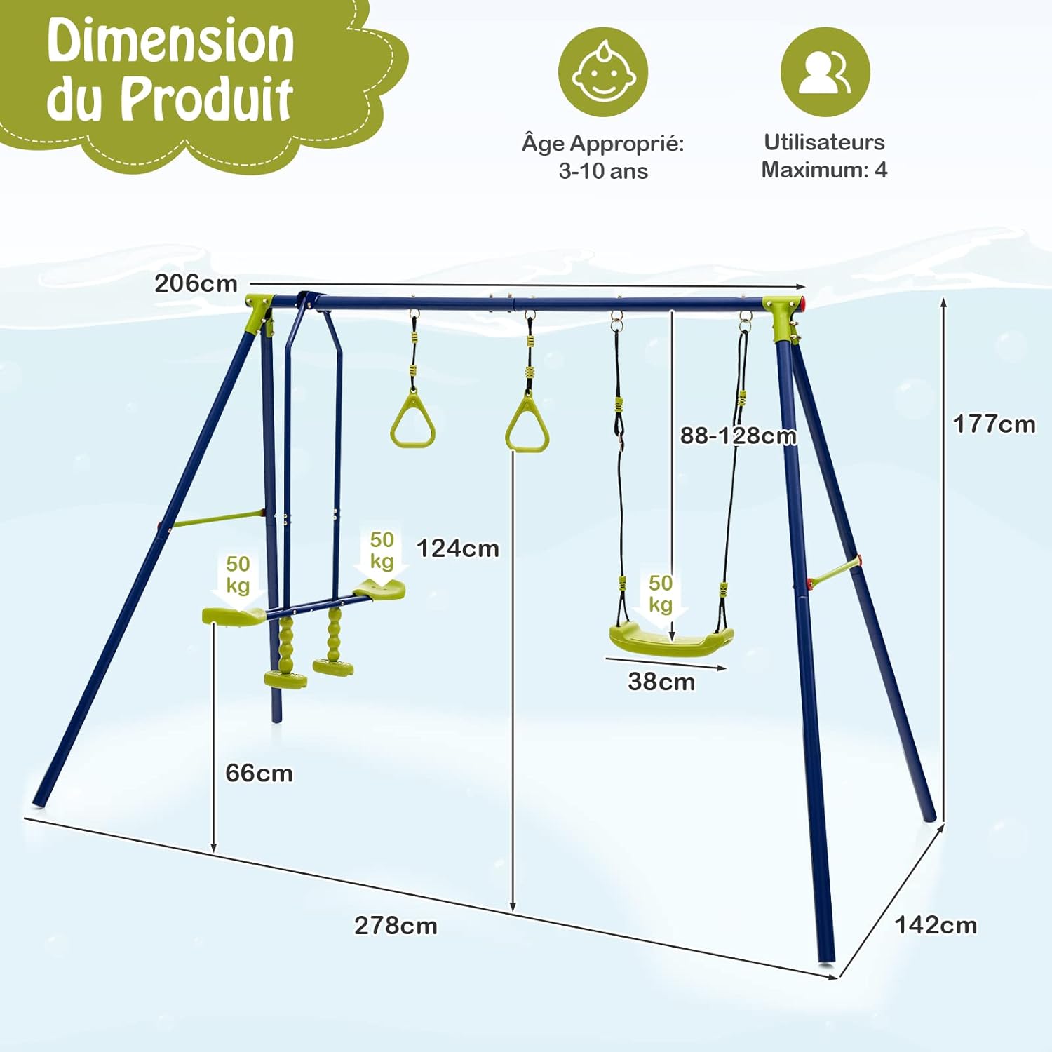Set Altalene da Giardino per Bambini, Altalena 3 in 1 con Supporto in Metallo, Altalena a Doppio, Anelli da Ginnastica, Capacità 150 kg, per E - 5