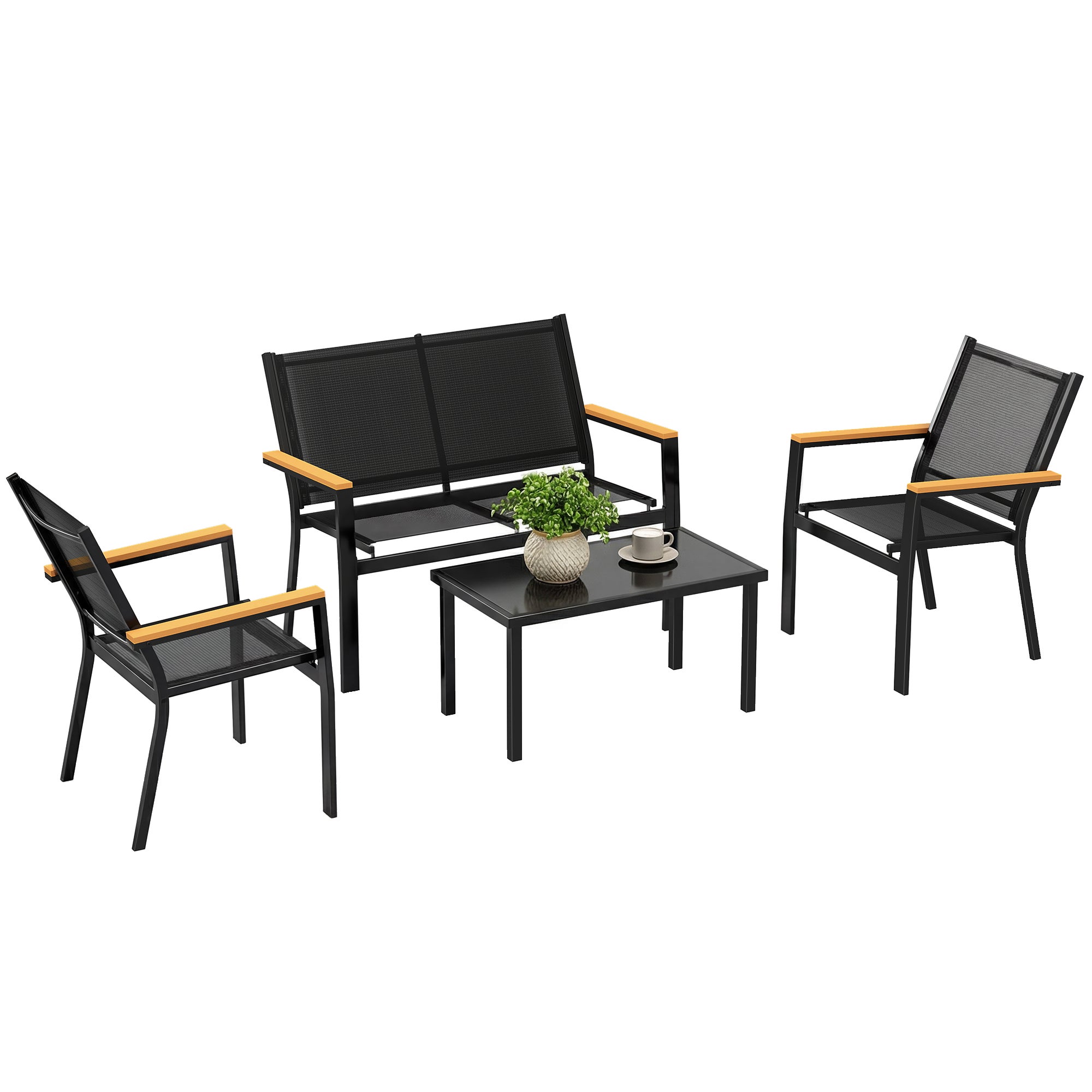 Zestaw mebli ogrodowych metalowy, zestaw wypoczynkowy dla 4 osób, salon ogrodowy z sofą 2-osobową, krzesłem i stolikiem bocznym, 110x63,5x84 cm