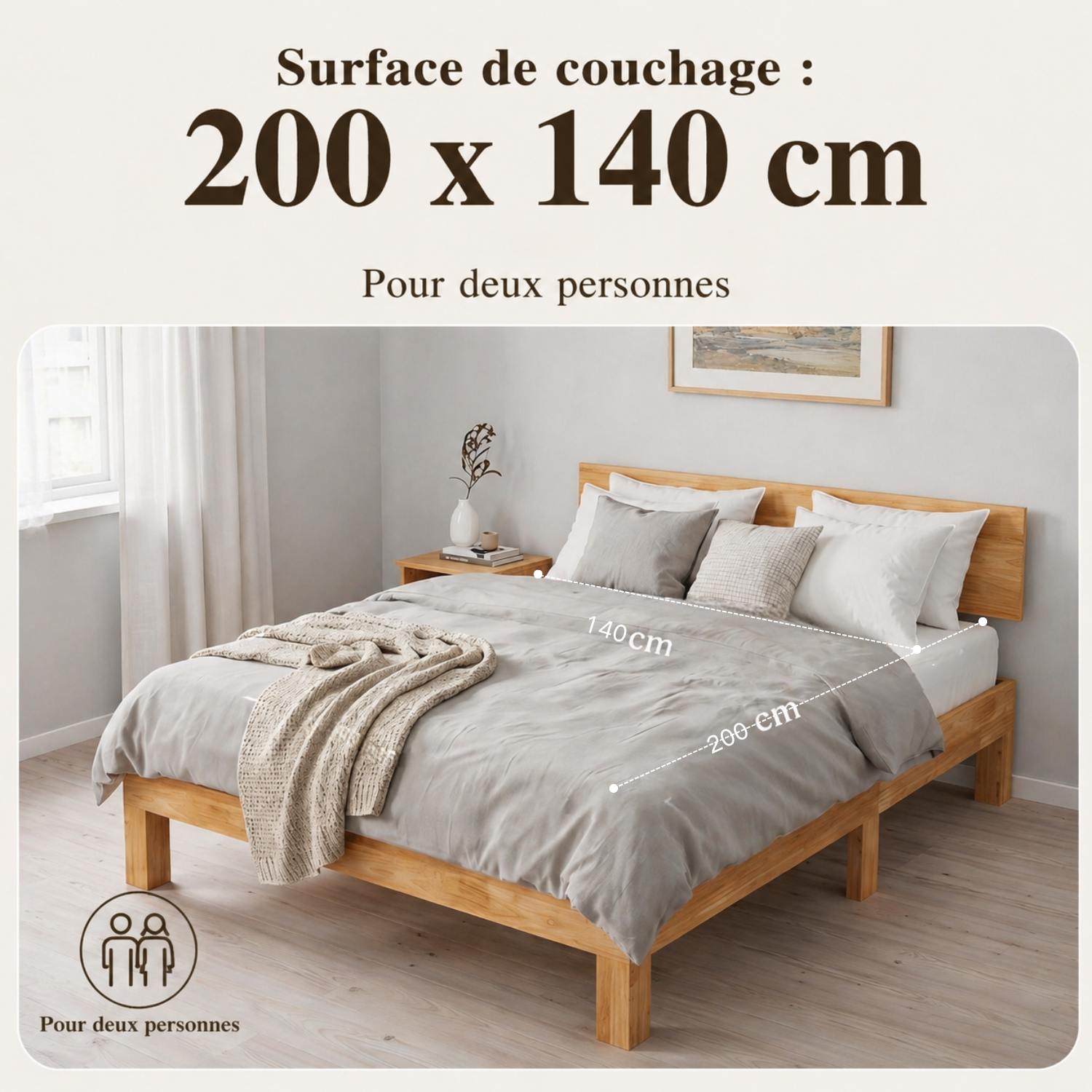 Cadre de Lit avec Tête de Lit 140x200 - Sans Sommier, Lit Deux Places Naturel - 5