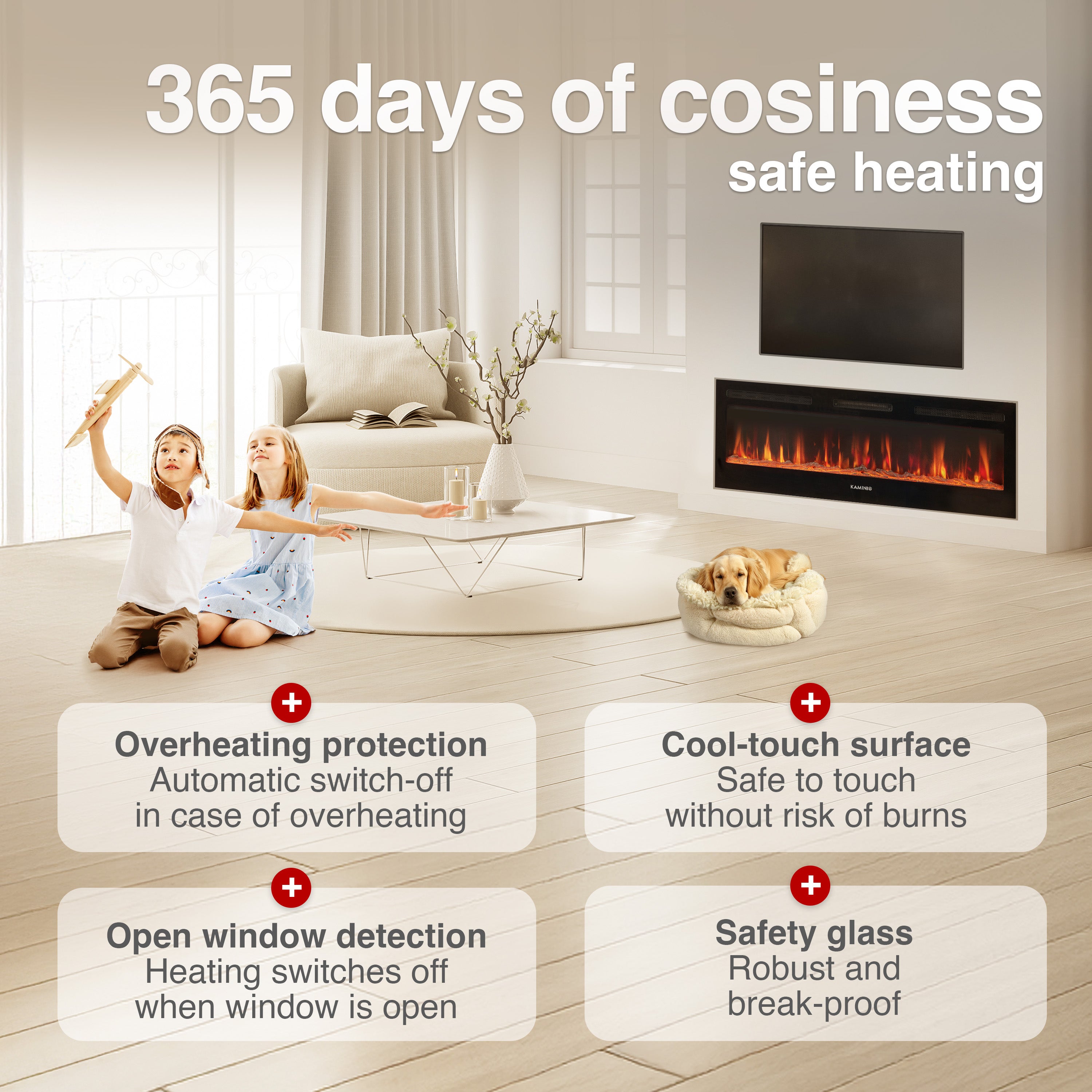 KAMINIO Cheminée électrique MARLON - Cheminée électrique 3 en 1 avec chauffage, effet flamme 3D, 12 couleurs de flamme, télécommande - 60 pouces - 5